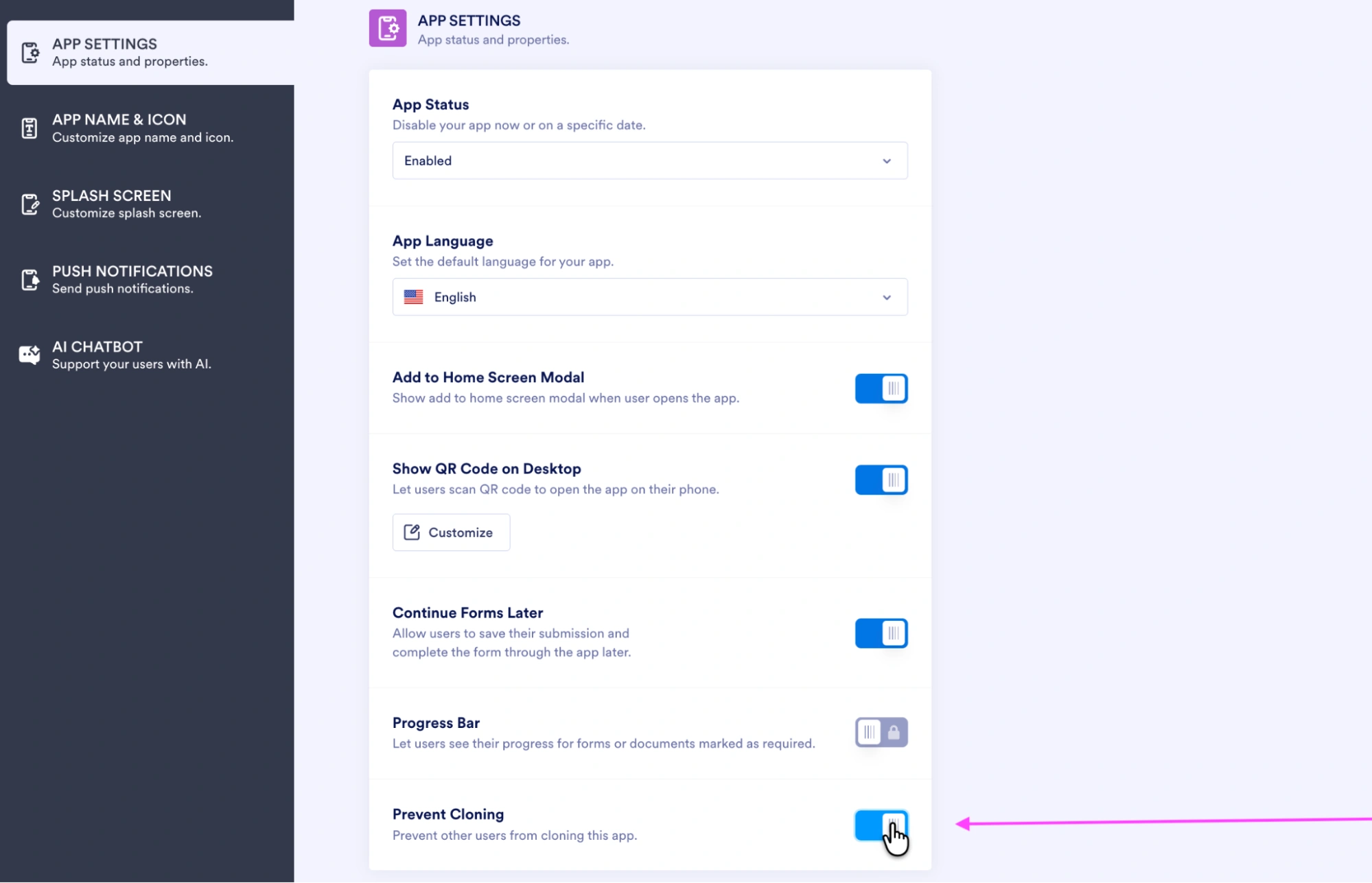 Jotform App Builder interface showing the app settings, with an arrow pointing to the "Prevent Cloning" toggle