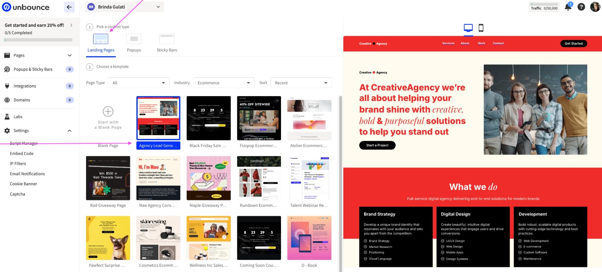 Unbounce interface showing "Landing Pages" selected as the content type, and a variety of templates