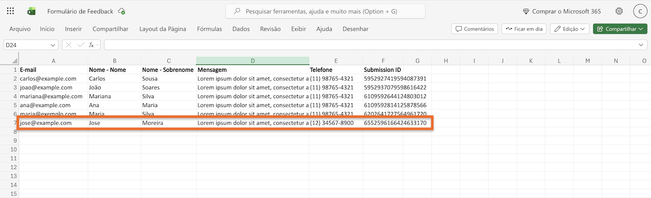 Visualizando a ação Adicionar Linha à Pasta de Trabalho Existente no Microsoft Excel