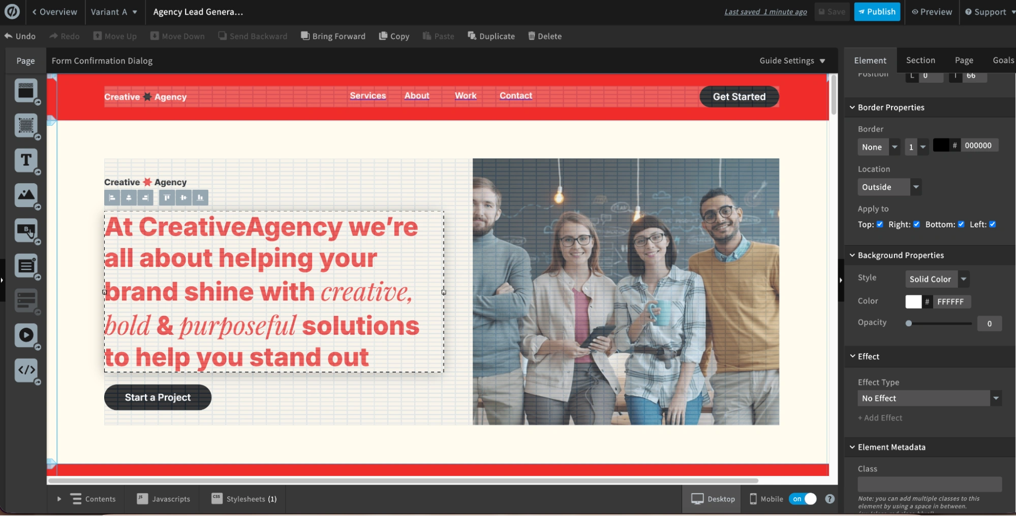 Unbounce interface showing the generated landing page and the editing options