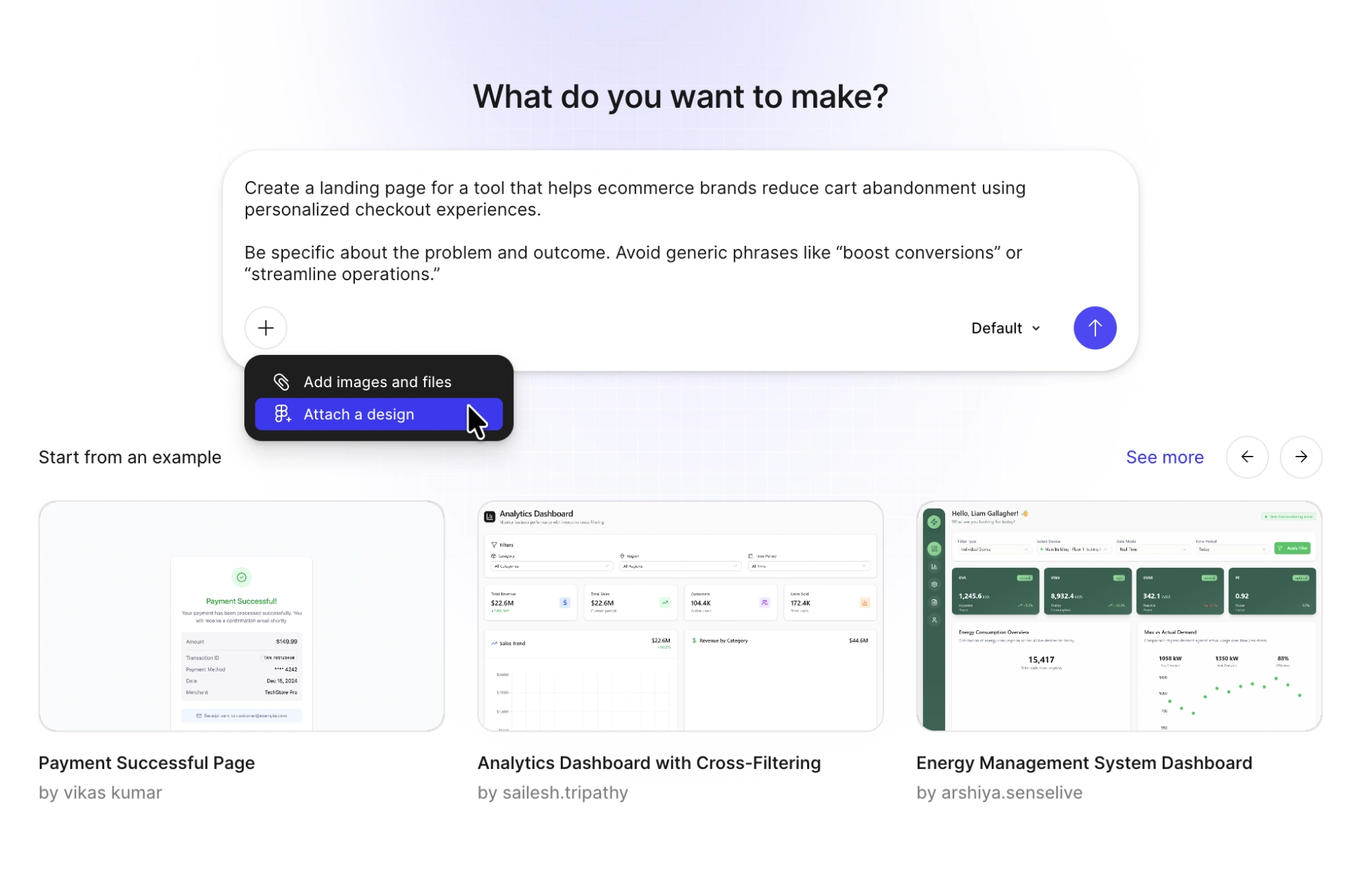 Figma Make prompt box with the option to add images and files or attach a design