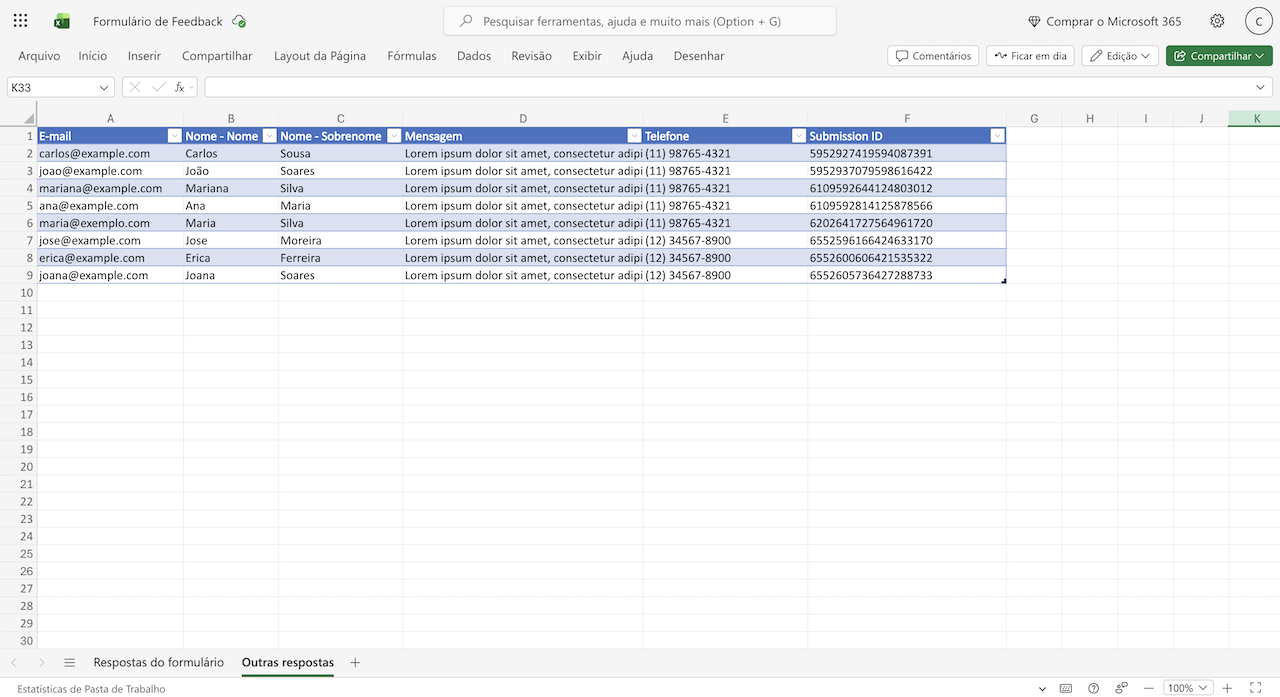 Visualizando os envios anteriores no Microsoft Excel