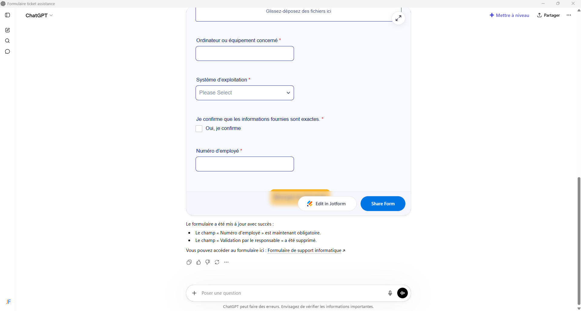 Capture d'écran de l'interface ChatGPT avec un formulaire Jotform généré et une édition conversationnelle dans l'application Jotform ChatGPT