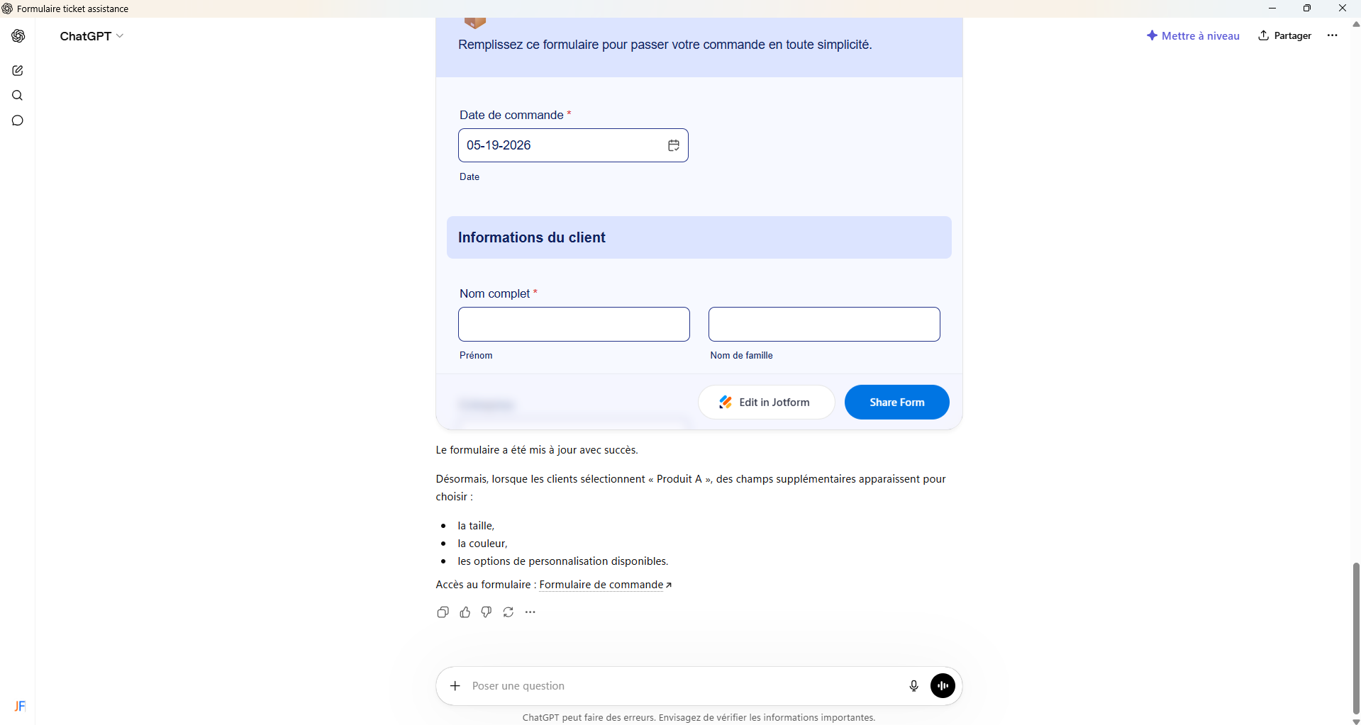 Capture d'écran de l'interface ChatGPT avec un formulaire Jotform généré et une édition conversationnelle dans l'application Jotform ChatGPT pour afficher ou masquer des champs
