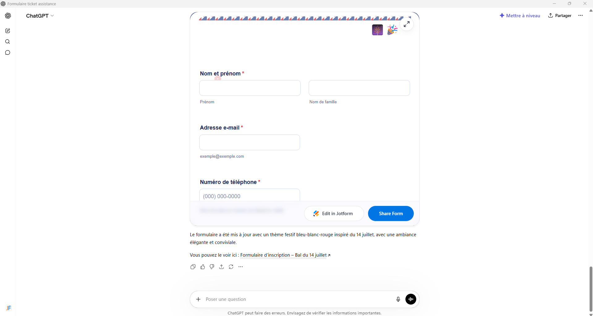 Capture d'écran de l'interface l'application Jotform ChatGPT avec un formulaire du 14 juillet généré et une édition conversationnelle