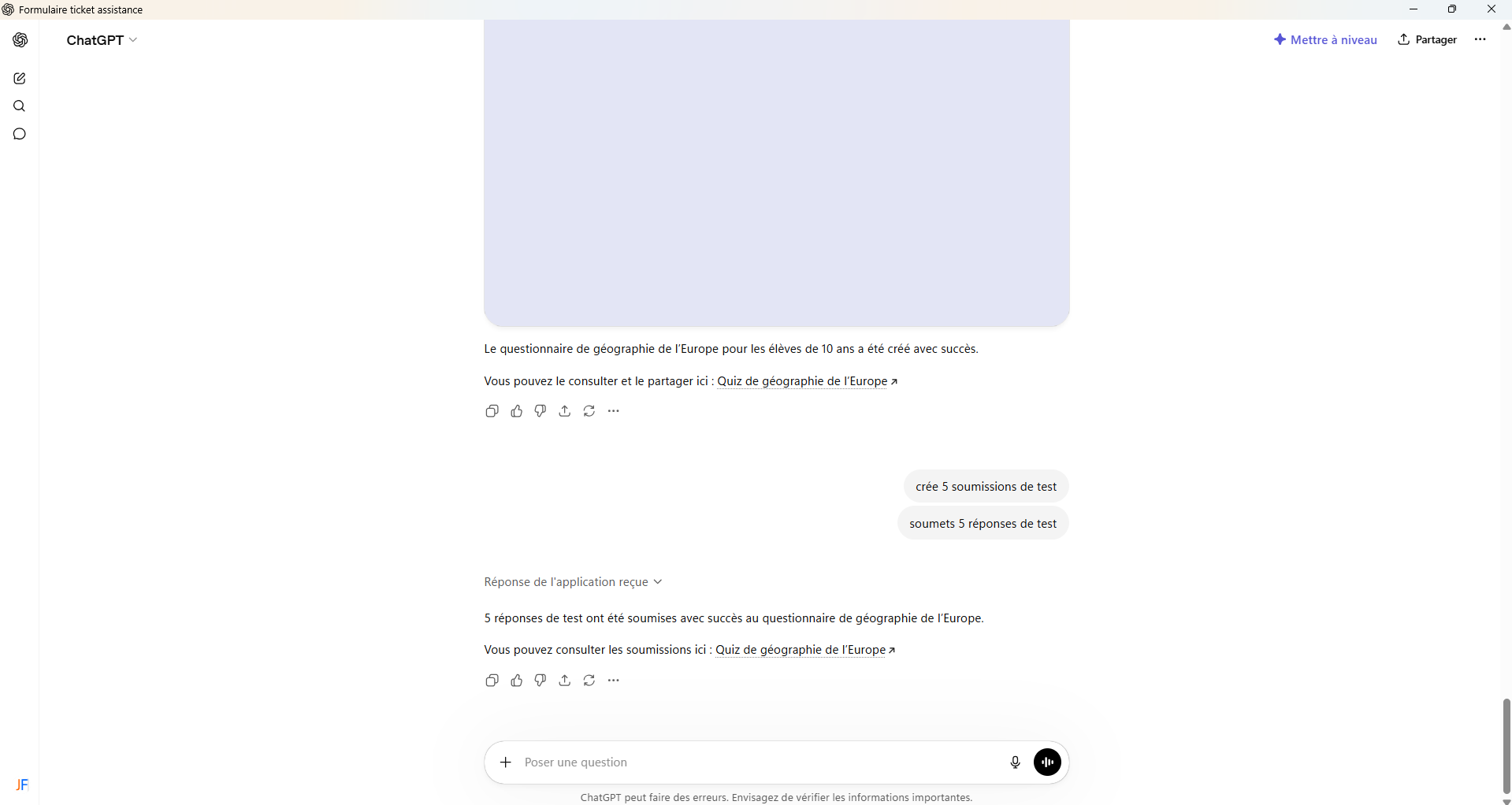 Capture d'écran de l'interface l'application Jotform ChatGPT avec un quiz généré, et 5 soumissions de test