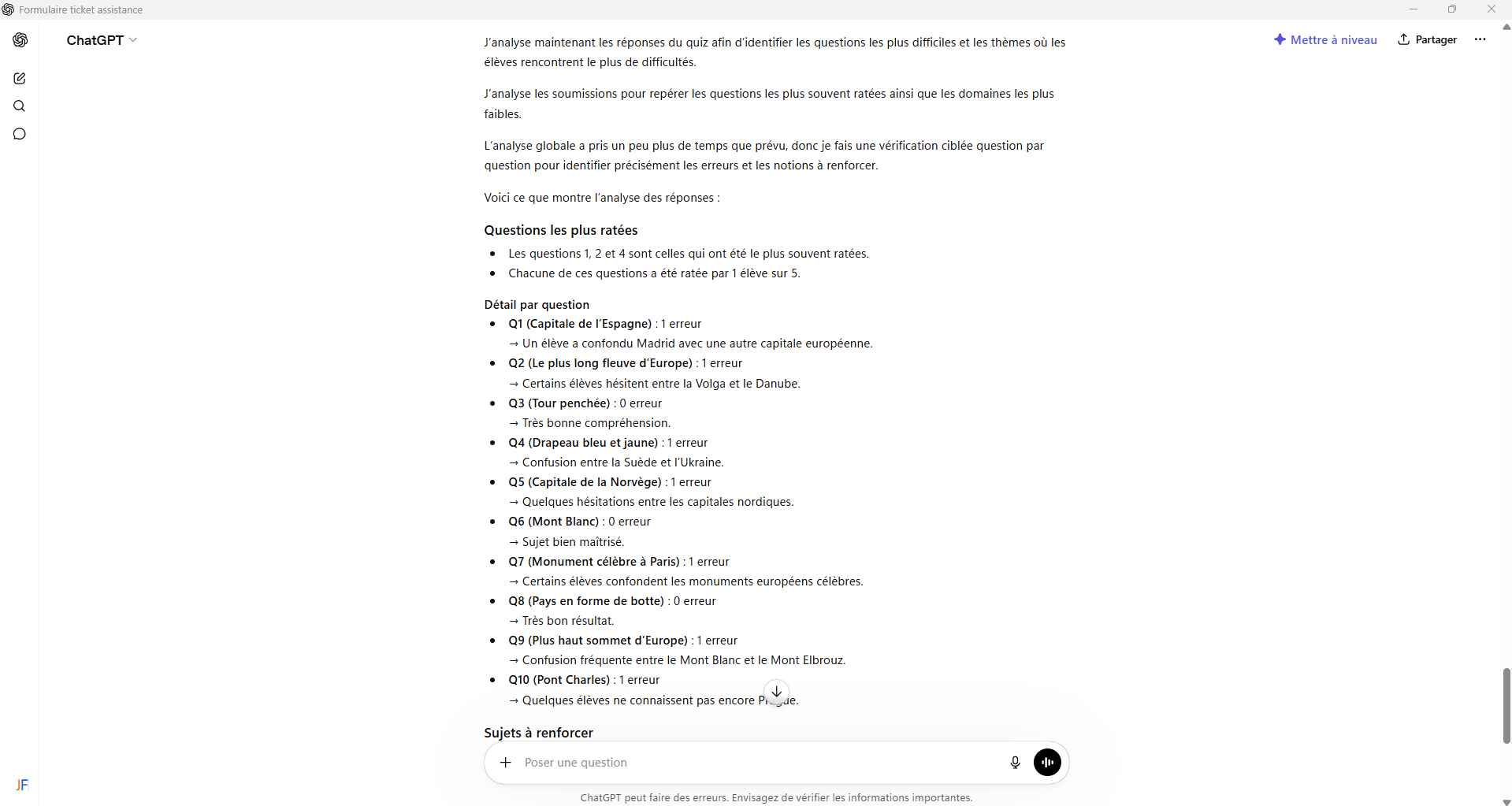 Capture d'écran de l'interface l'application Jotform ChatGPT avec l'analyse demandée
