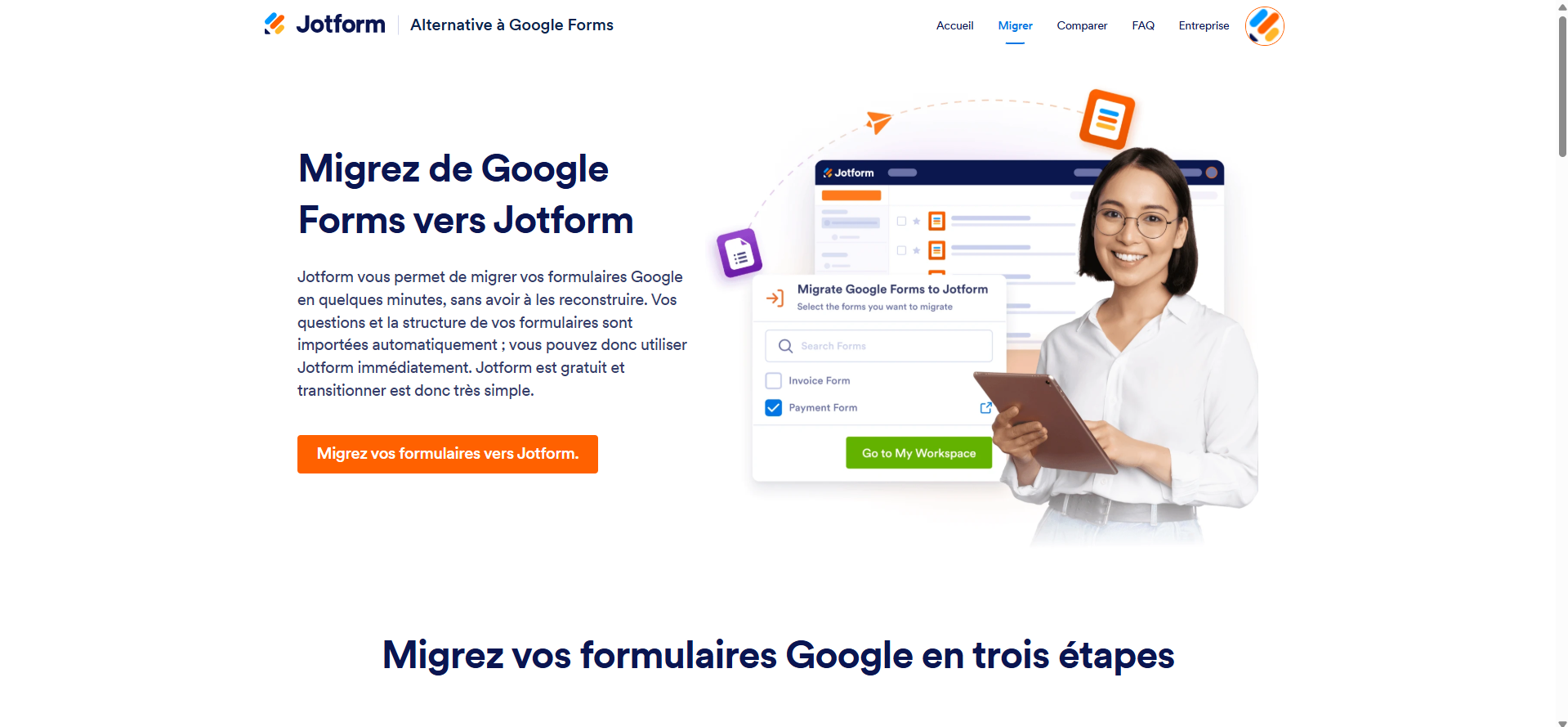Capture d'écran de la page « Migrez de Google Forms vers Jotform » du site web Jotform