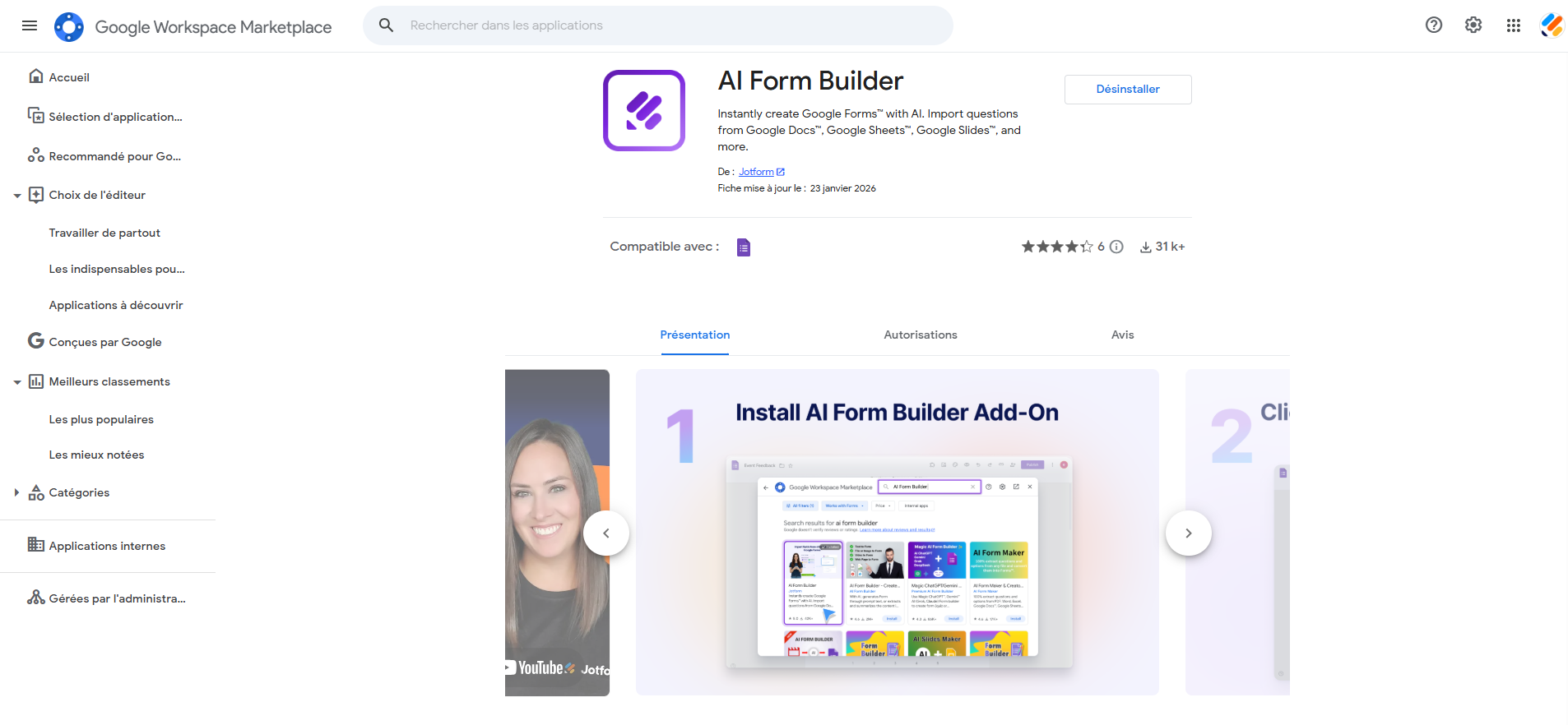 Capture d'écran de la page d'accueil de Google Workspace Marketplace, montrant le module complémentaire AI Form Builder de Jotform