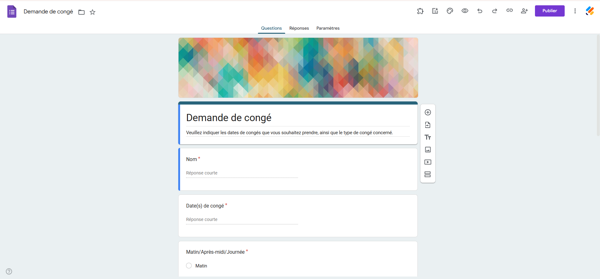 Capture d'écran de l'interface Google Forms qui affiche un exemple de formulaire