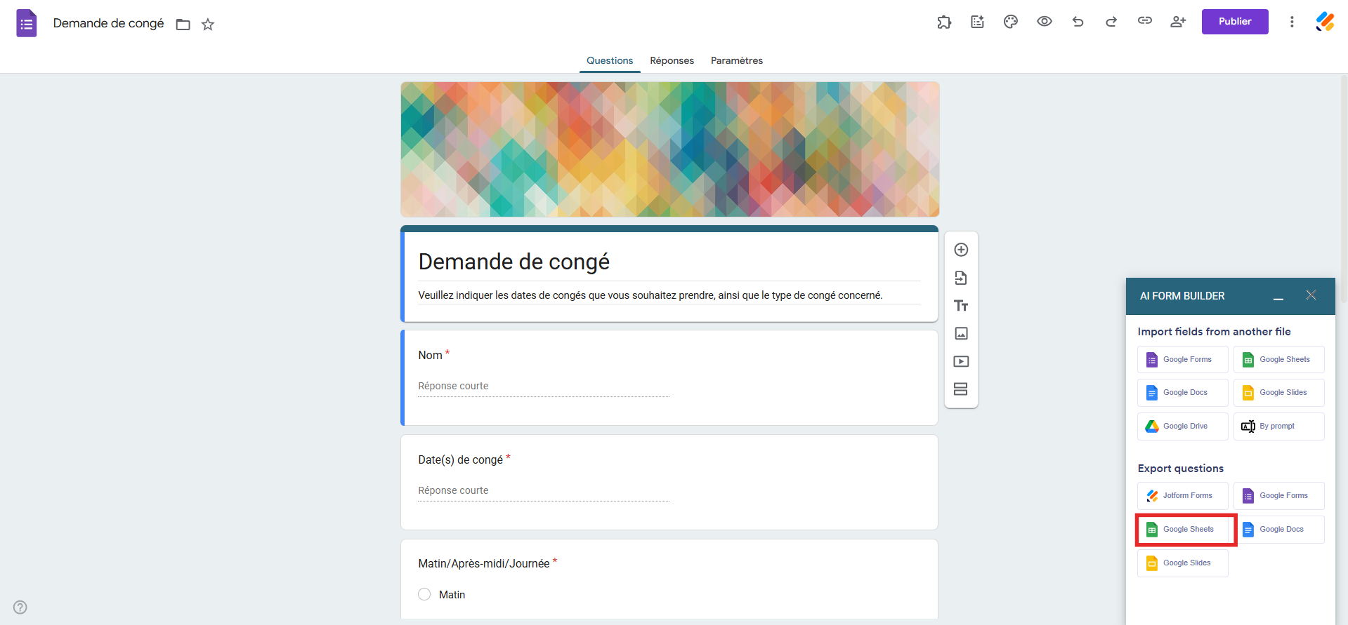 Capture d'écran de l'interface Google Forms avec un encadré autour de Google Sheets dans la rubrique Exporter les questions