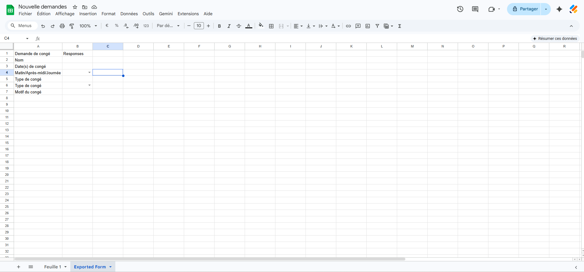Capture d'écran de la feuille de calcul Google Sheets générée