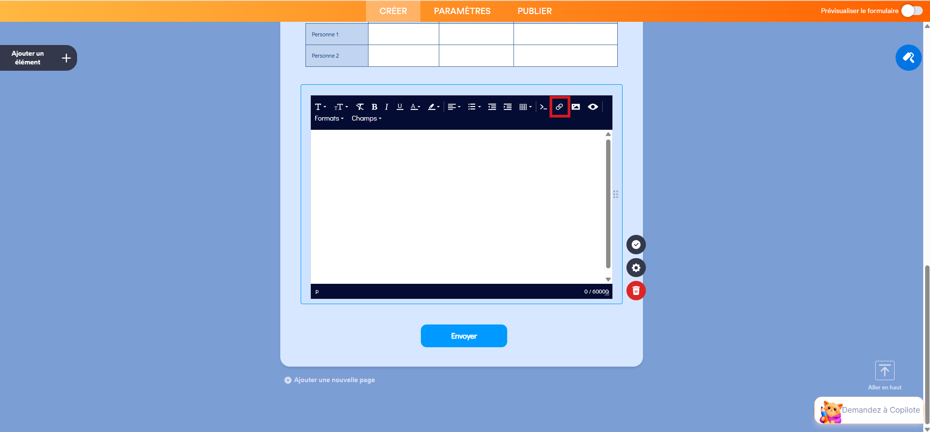 Capture d'écran d'un formulaire dans le Générateur de formulaires Jotform avec un encadré atour de l'icône de lien hypertexte dans l'éditeur de texte de l'élément Paragraphe