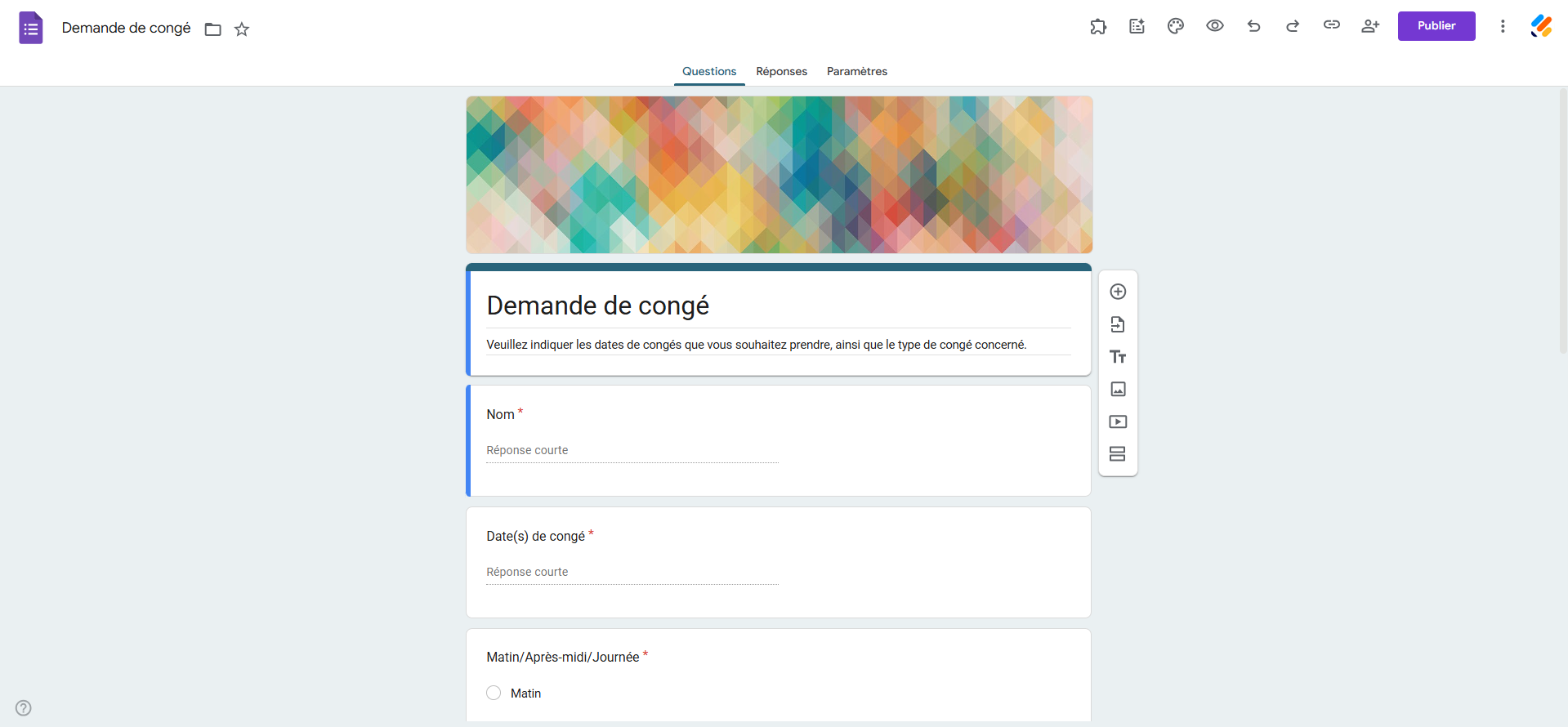 Capture d'écran de l'interface Google Forms qui affiche un formulaire de demande de congé