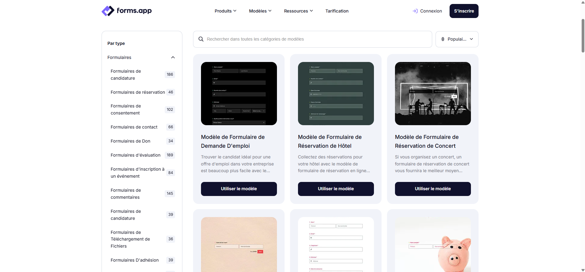 Capture d'écran d'une grille de modèles de formulaires sur forms
