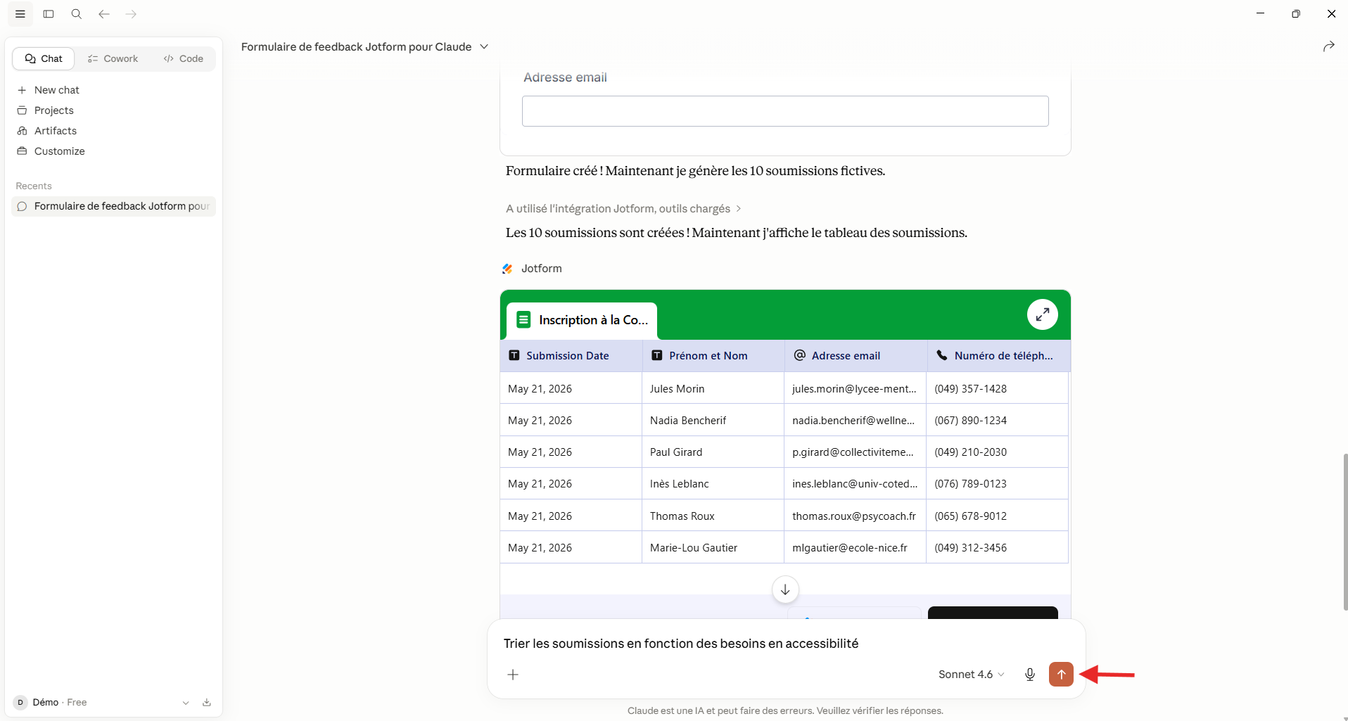 Capture d'écran d'un prompt dans Claude pour trier les soumissions de formulaires dans un tableau des soumissions Jotform avec l'application Jotform pour Claude
