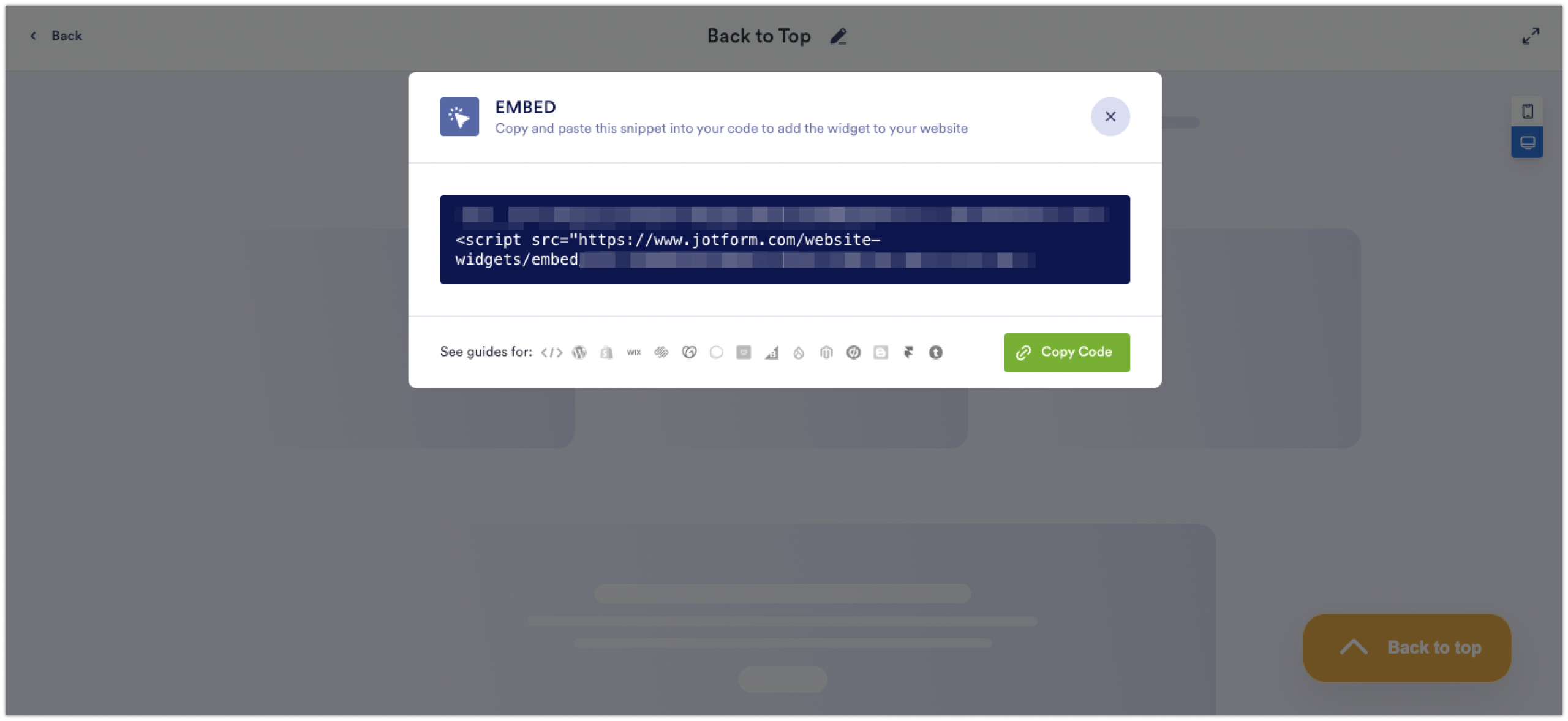 Jotform embed code pop-up with a copy code button