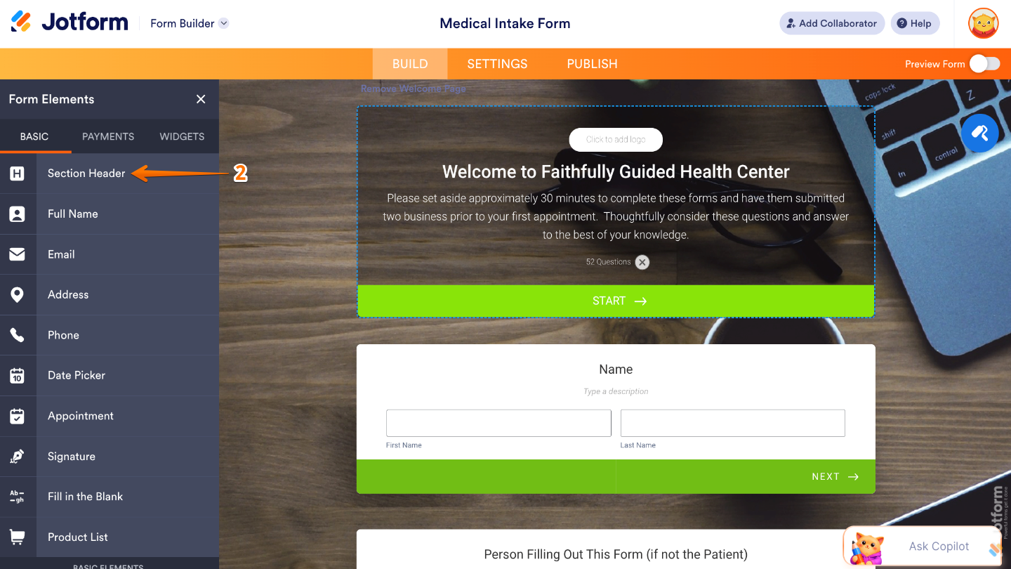 Form Elements panel under the Basic tab showing the Section Header element being selected and added to a form