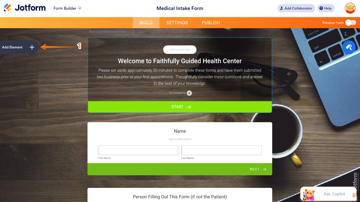 Form Builder interface highlighting the Add Element button on the left panel to add new fields and widgets