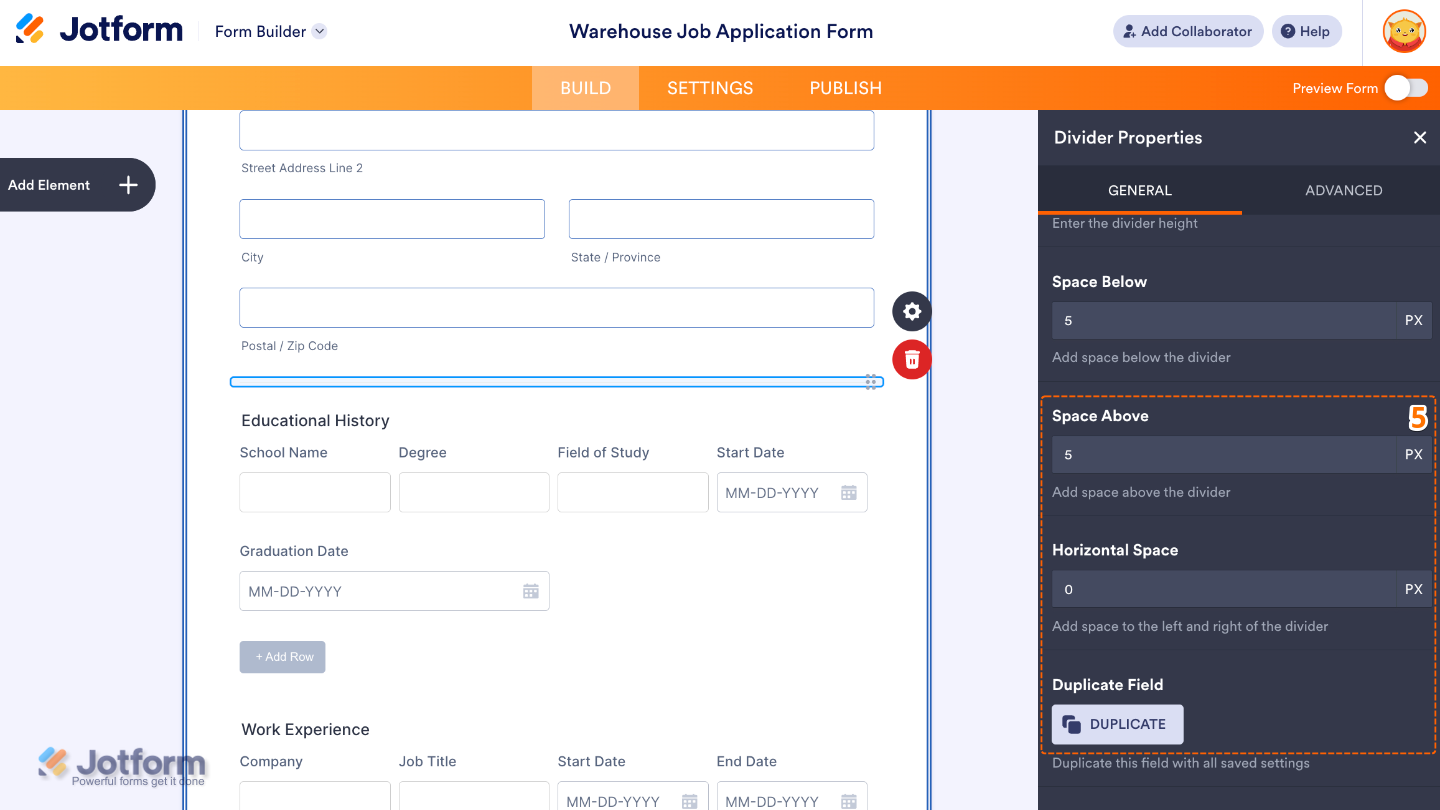 Divider Properties panel showing settings for space above, horizontal space, and duplicate field