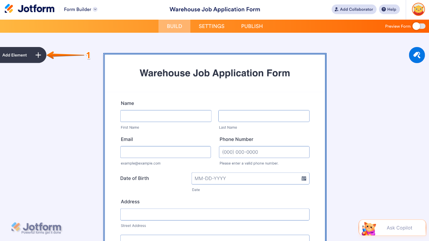 Form Builder interface highlighting the Add Element button on the left panel to add new fields and widgets