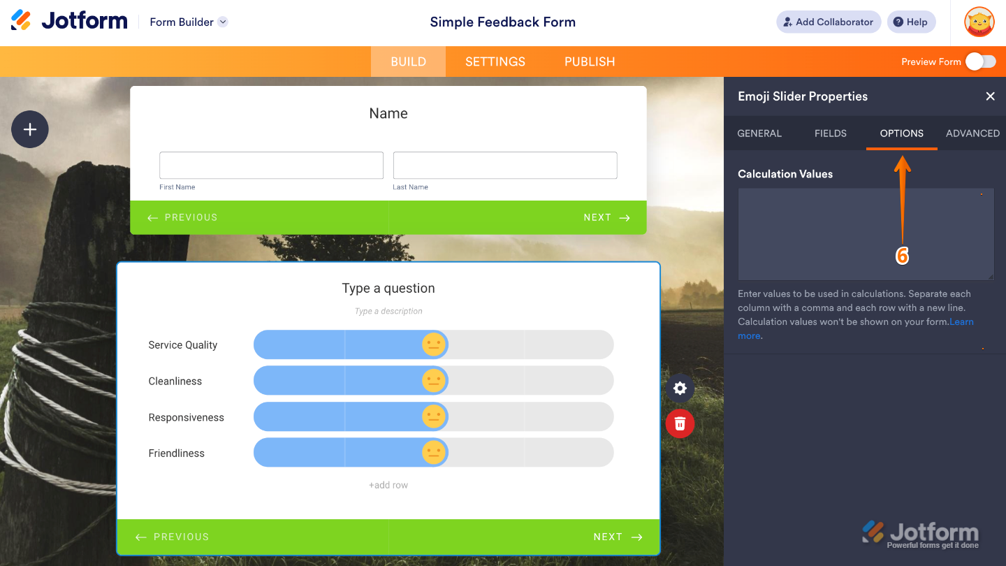 Emoji Slider Options tab showing Calculation Values settings for assigning numeric scores to emojis
