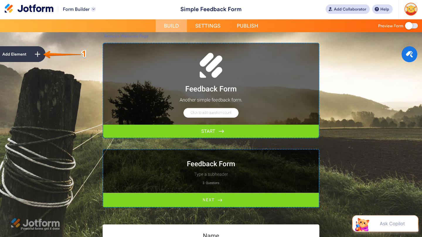 Form Builder interface highlighting the Add Element button on the left panel to add new fields and widgets