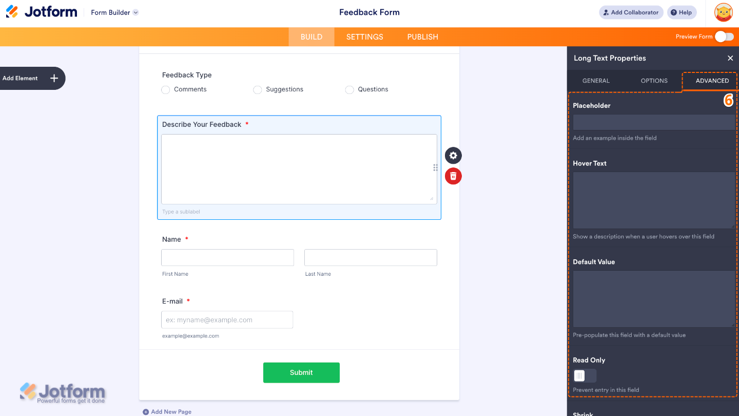Field Advanced tab showing options for placeholder, hover text, default value, and read-only setting