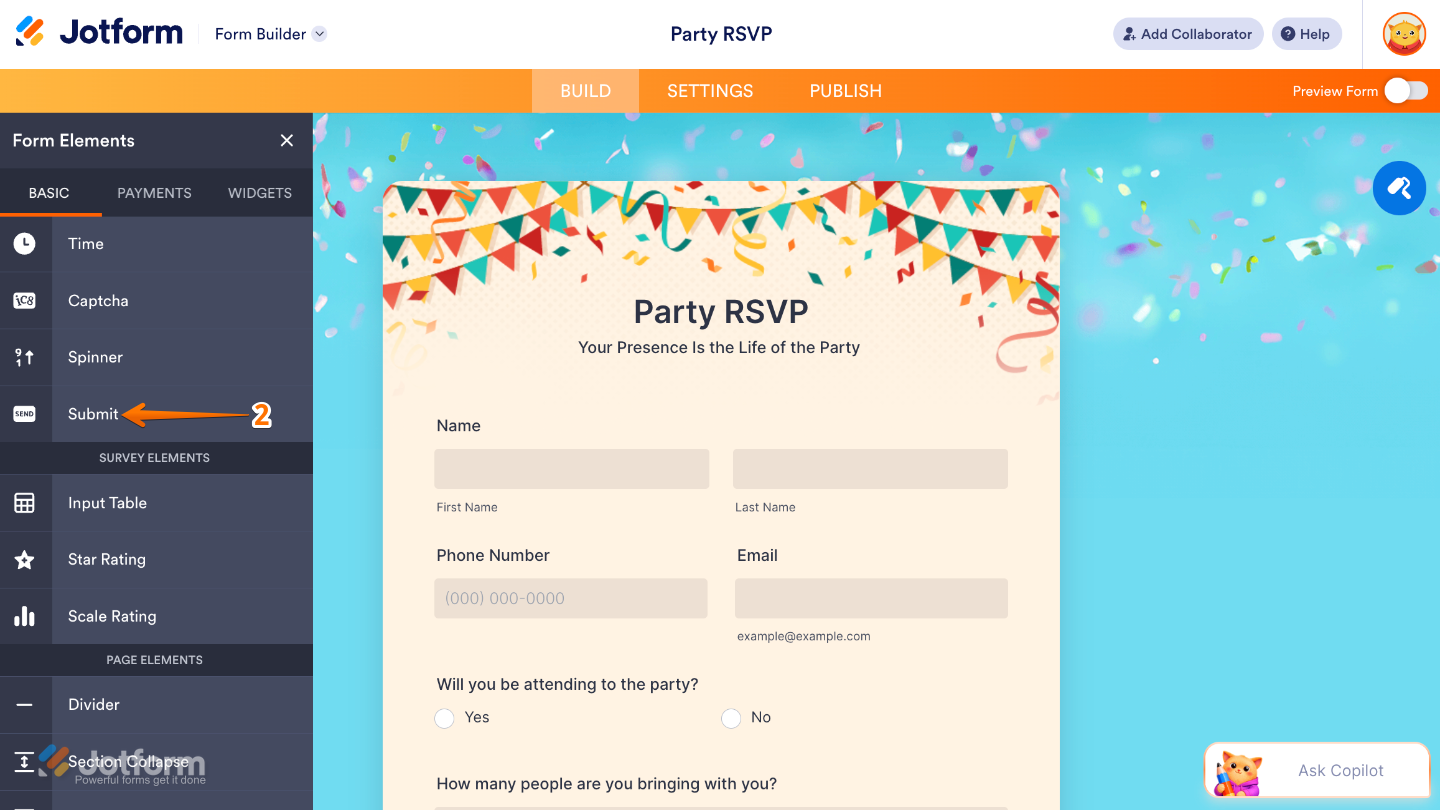 Form Elements panel under the Basic tab showing the Submit button element being selected and added to a form