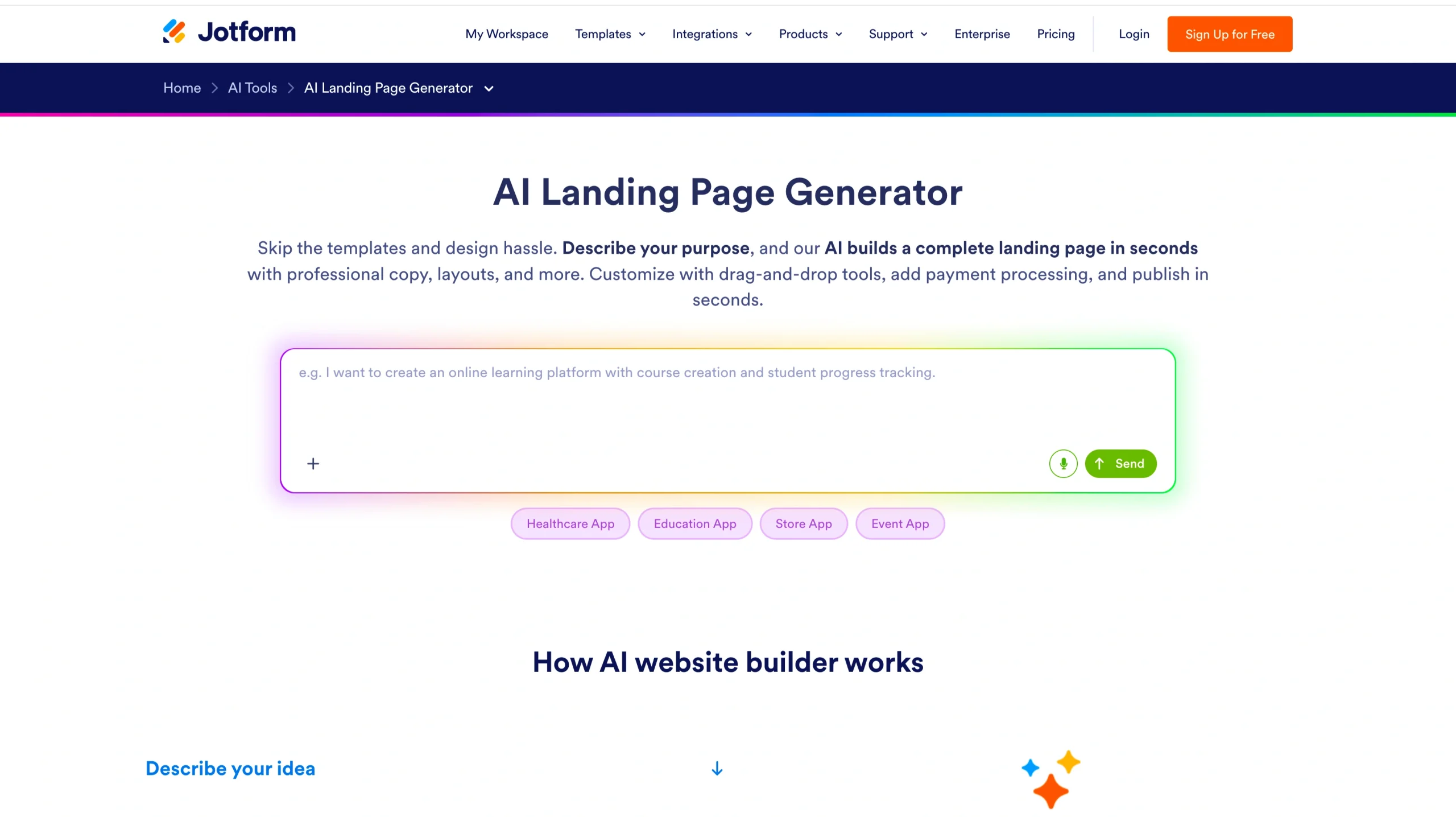 Screenshot of the Jotform's AI Landing Page Generator landing page