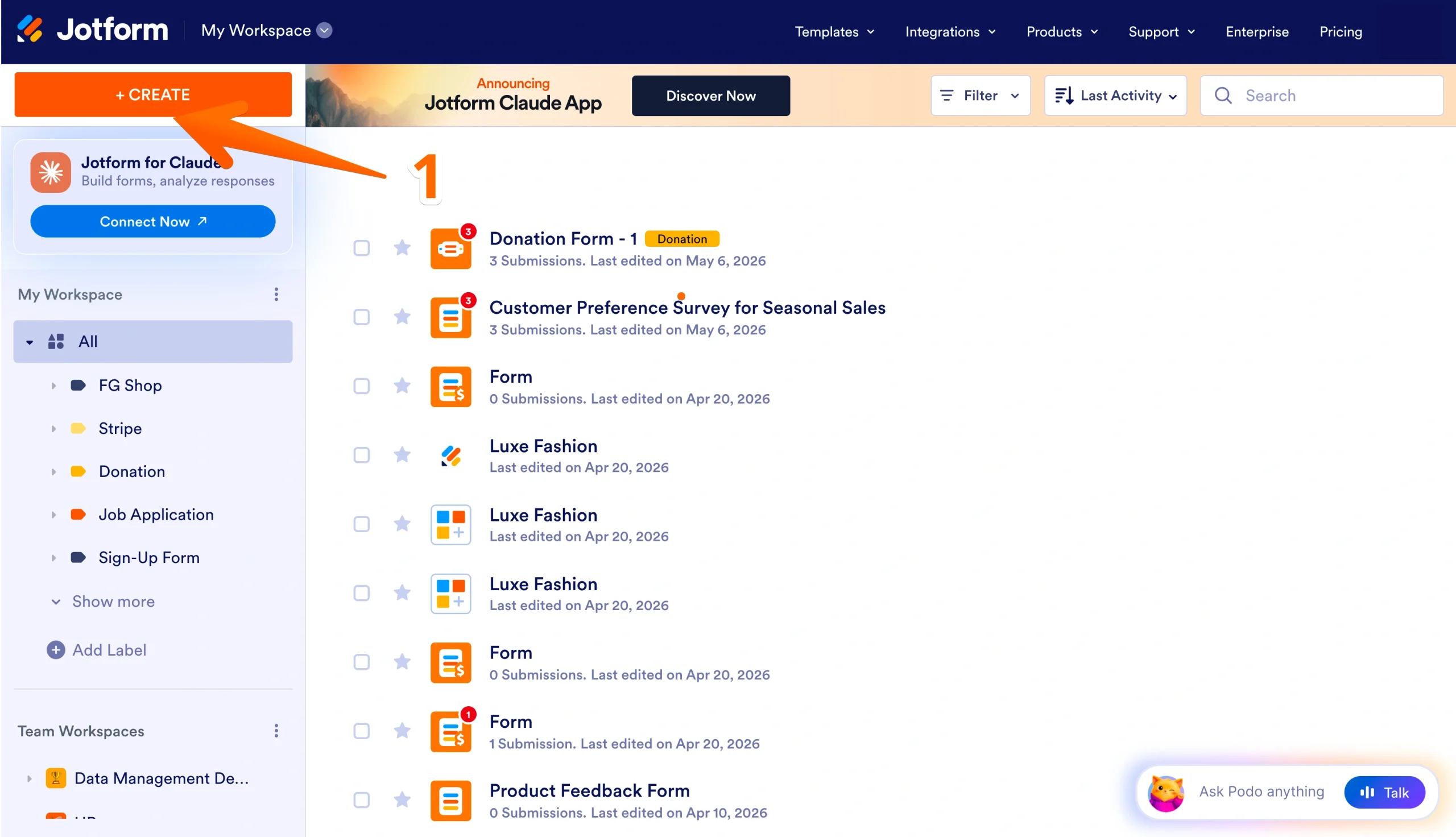 Jotform Workspace dashboard with an arrow pointing to the Create Form button in the top-left corner