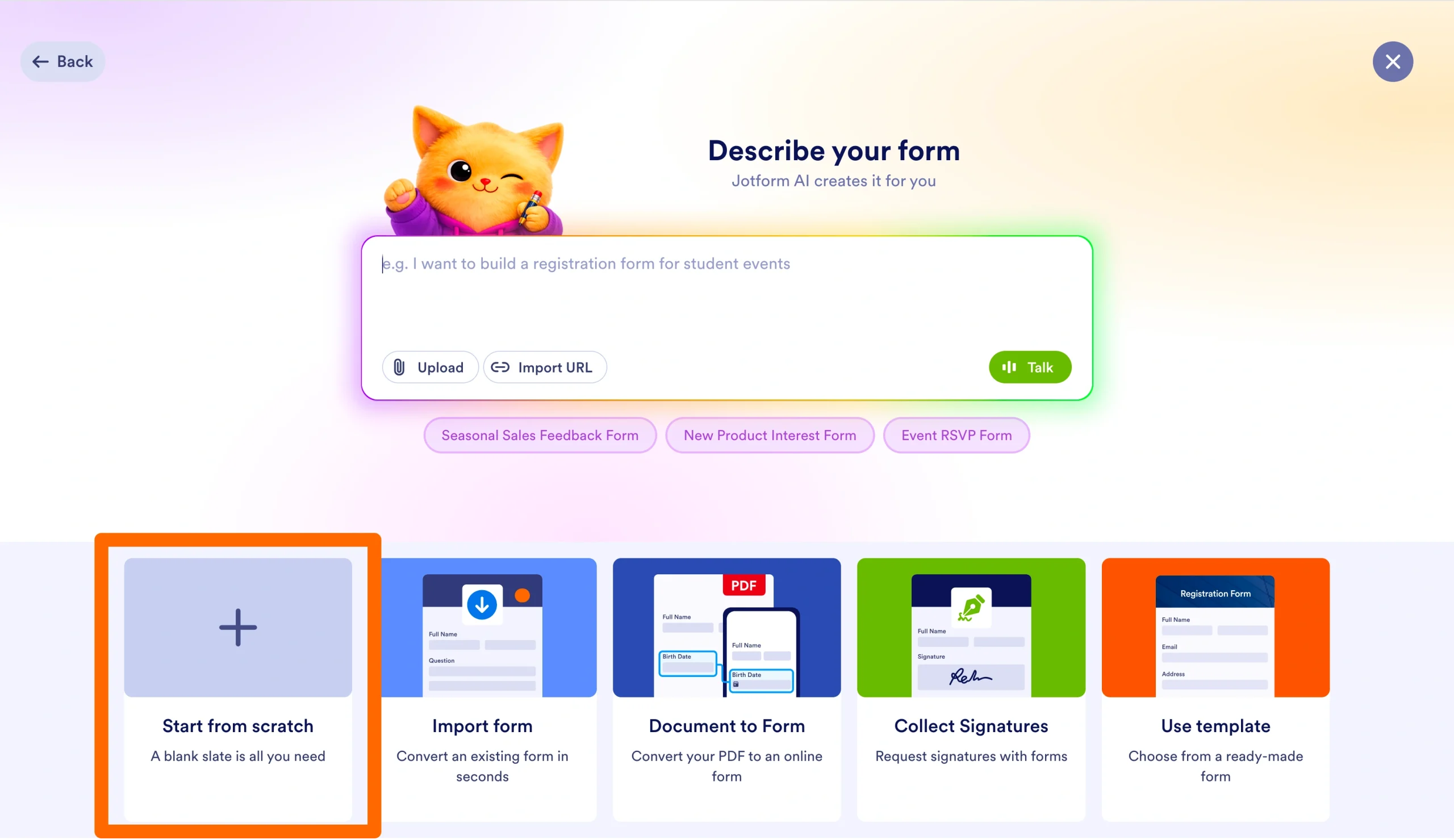 Jotform form creation screen with the Start from scratch option highlighted