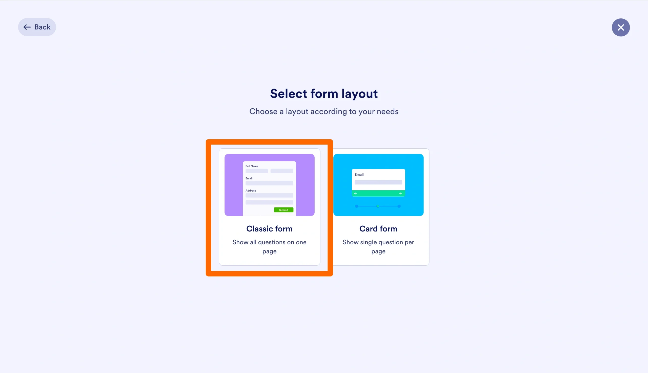 Jotform layout selection screen showing Classic Form and Card Form options, with Classic Form highlighted