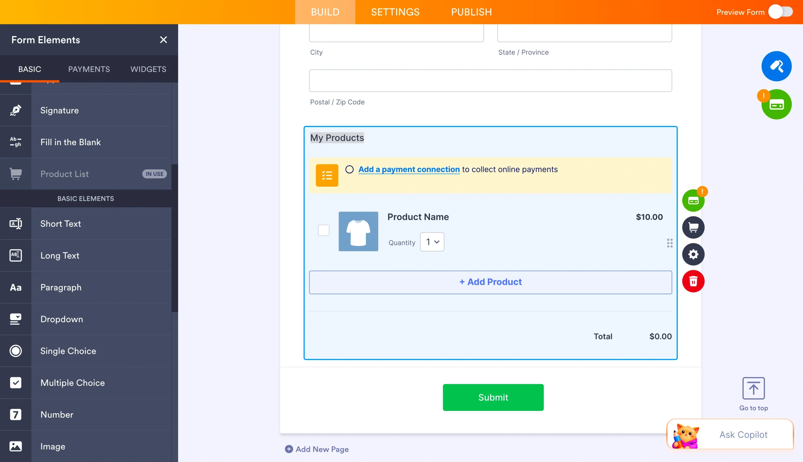 Jotform Form Builder with the Product List field added to a payment form and form elements displayed in the left sidebar