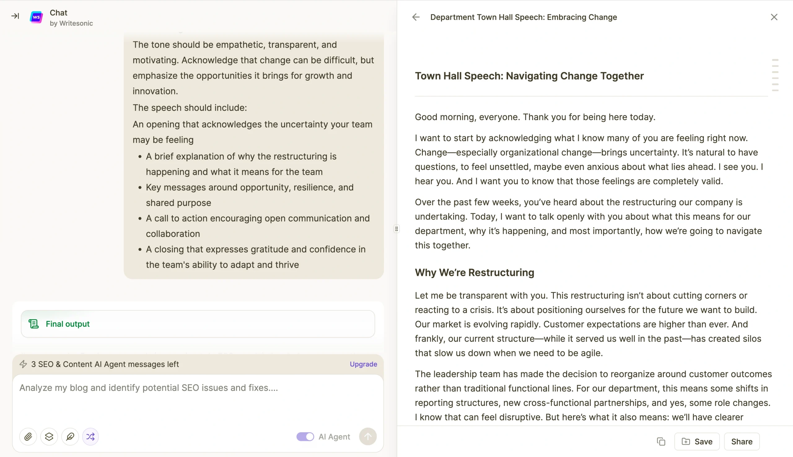 Generated corporate town hall speech displayed in the Writesonic editor interface