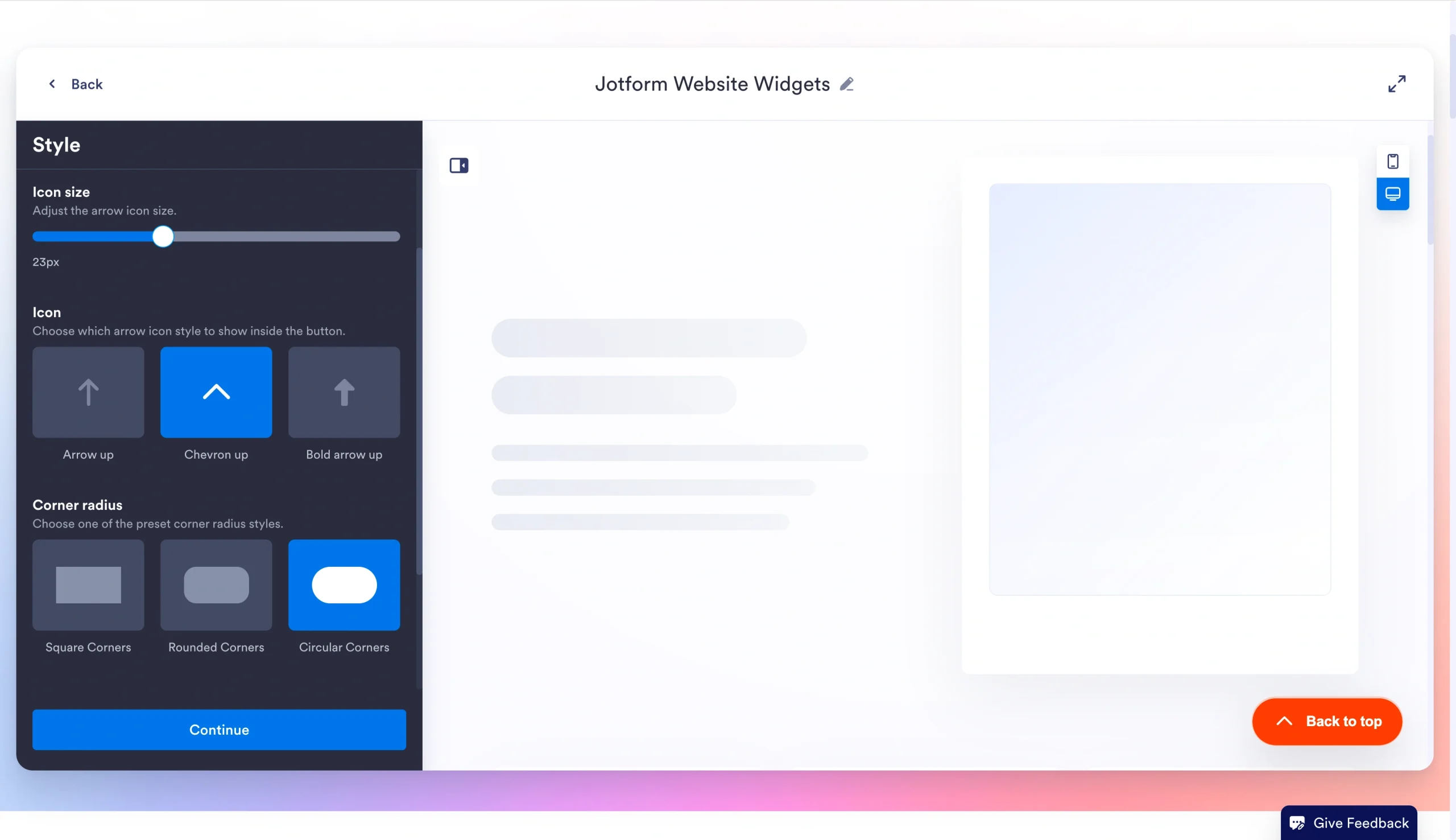 Jotform Back to Top Widget style editor, showing button size, icon style, corner radius, color, and drop shadow options