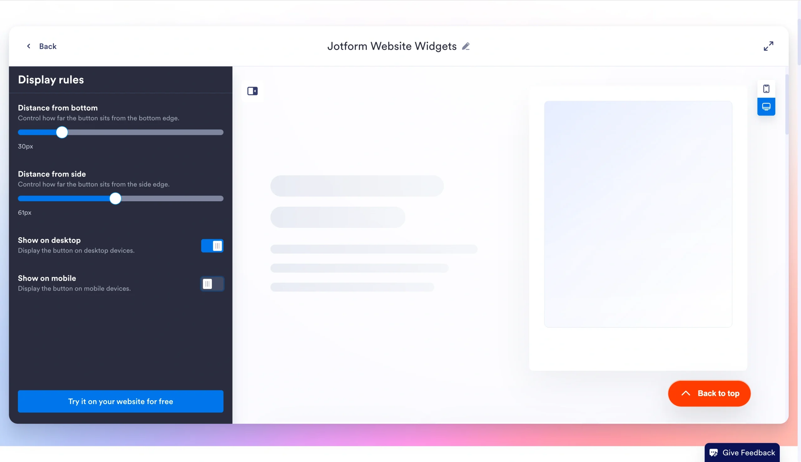 Jotform Back to Top Widget display rules screen, showing distance, desktop, and mobile visibility settings