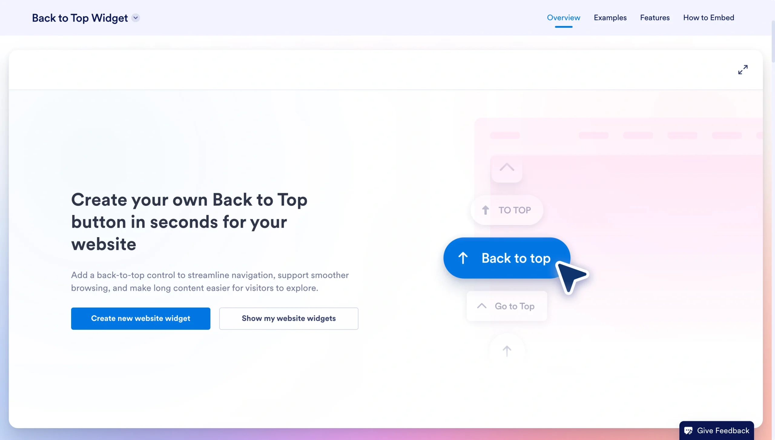 Jotform Back to Top Widget page with a preview of a customizable blue “Back to top” button