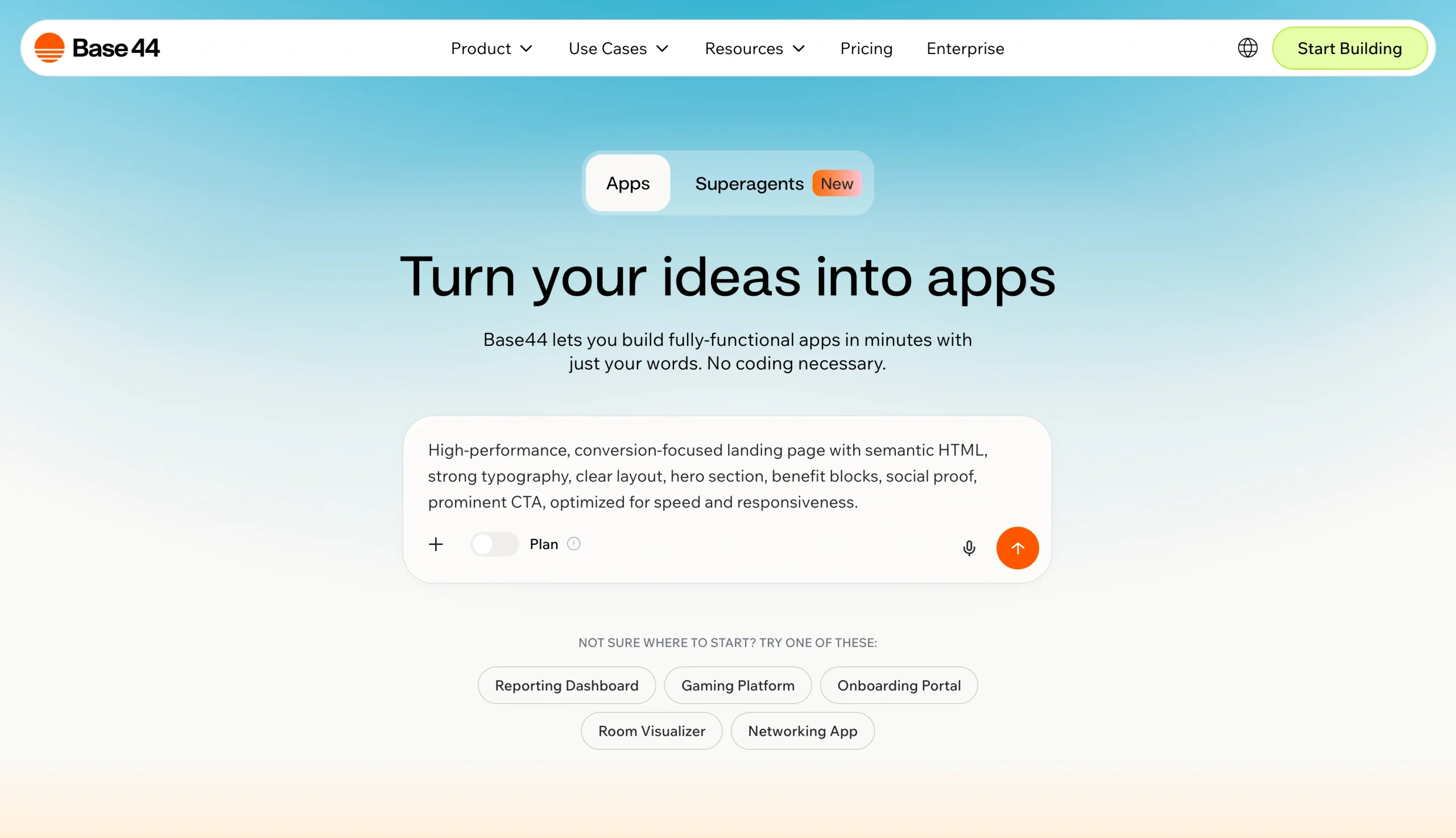 Screenshot of the Base 44 landing page, showing a headline "Turn your ideas into apps"