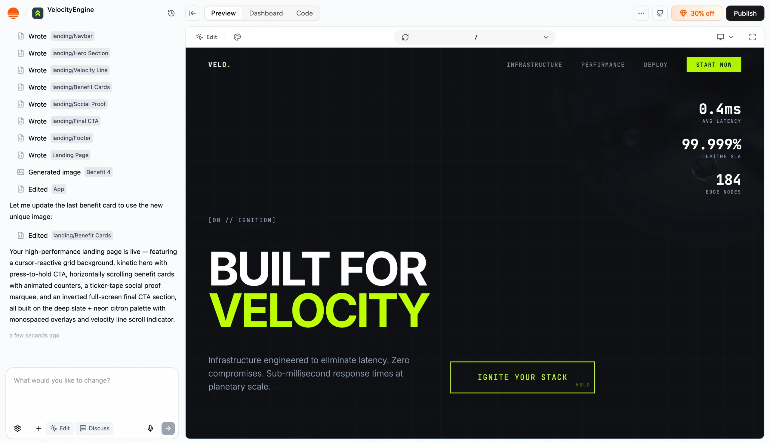 Screenshot of VelocityEngine’s landing page editor showing a dark, neon-green developer-style homepage preview with AI-generated section updates listed in the left sidebar