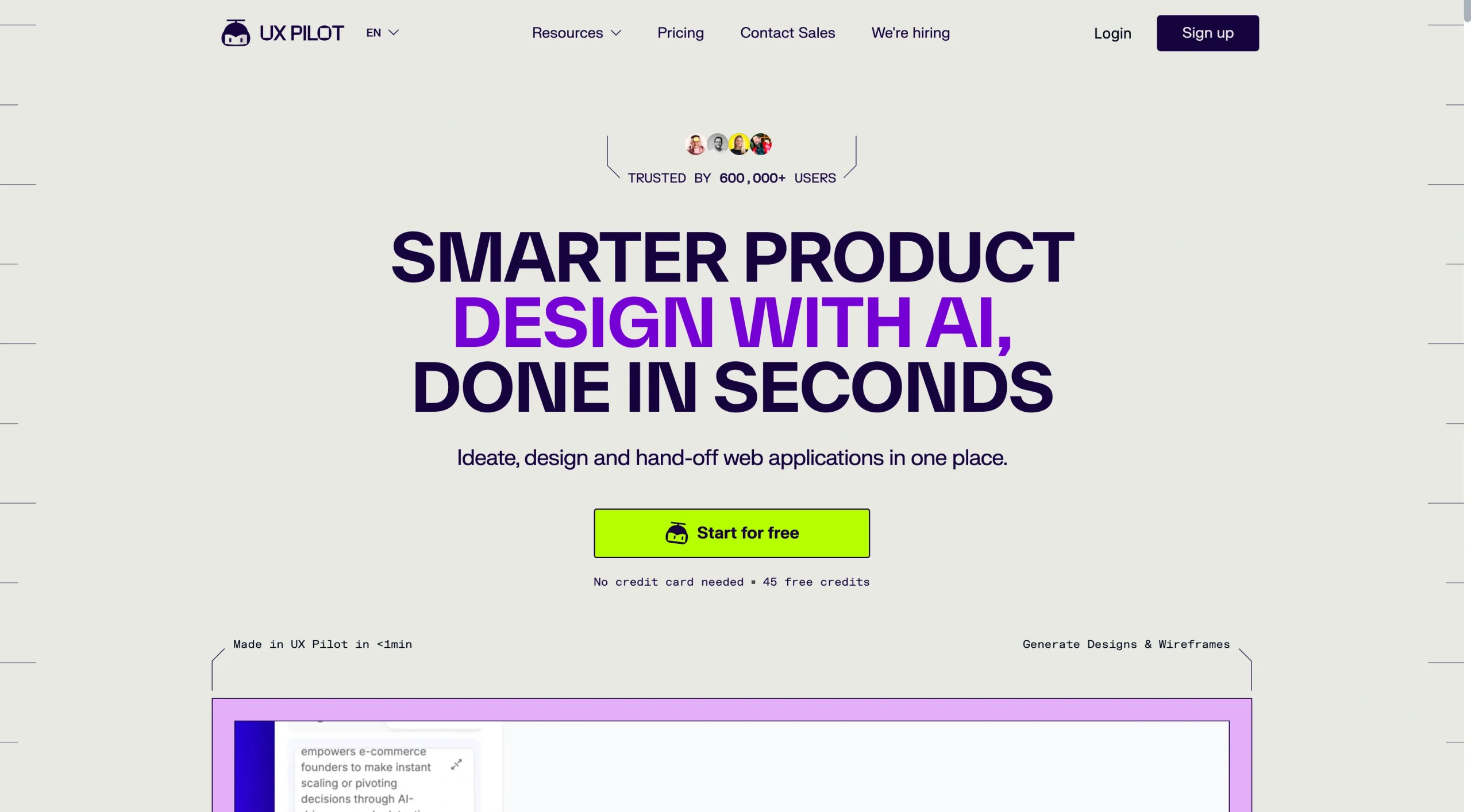 Screenshot of the UX Pilot landing page, showing a headline "Smarter Product Design With AI, Done in Seconds"