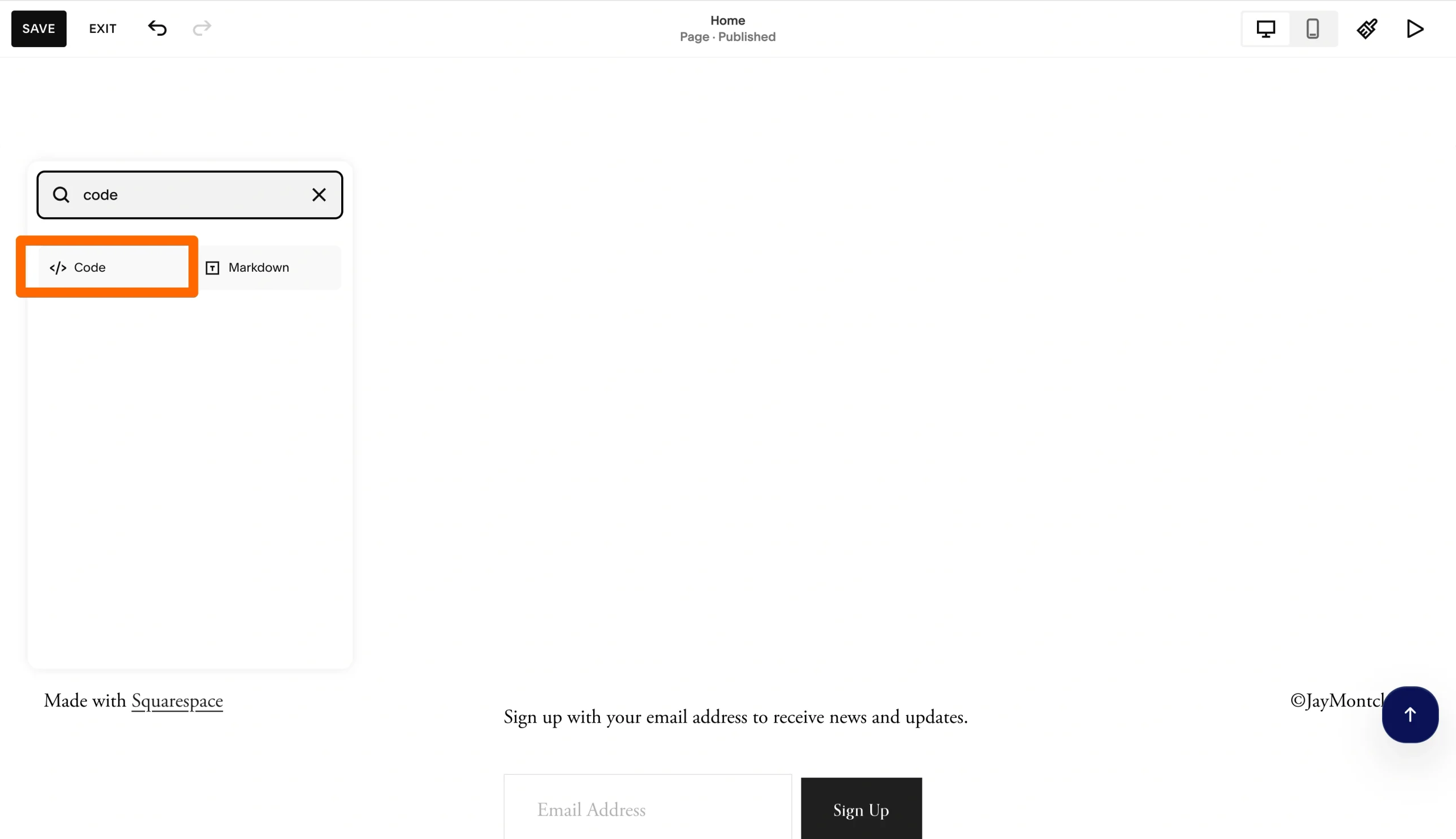 Squarespace editor showing the Code block option for adding custom embed code