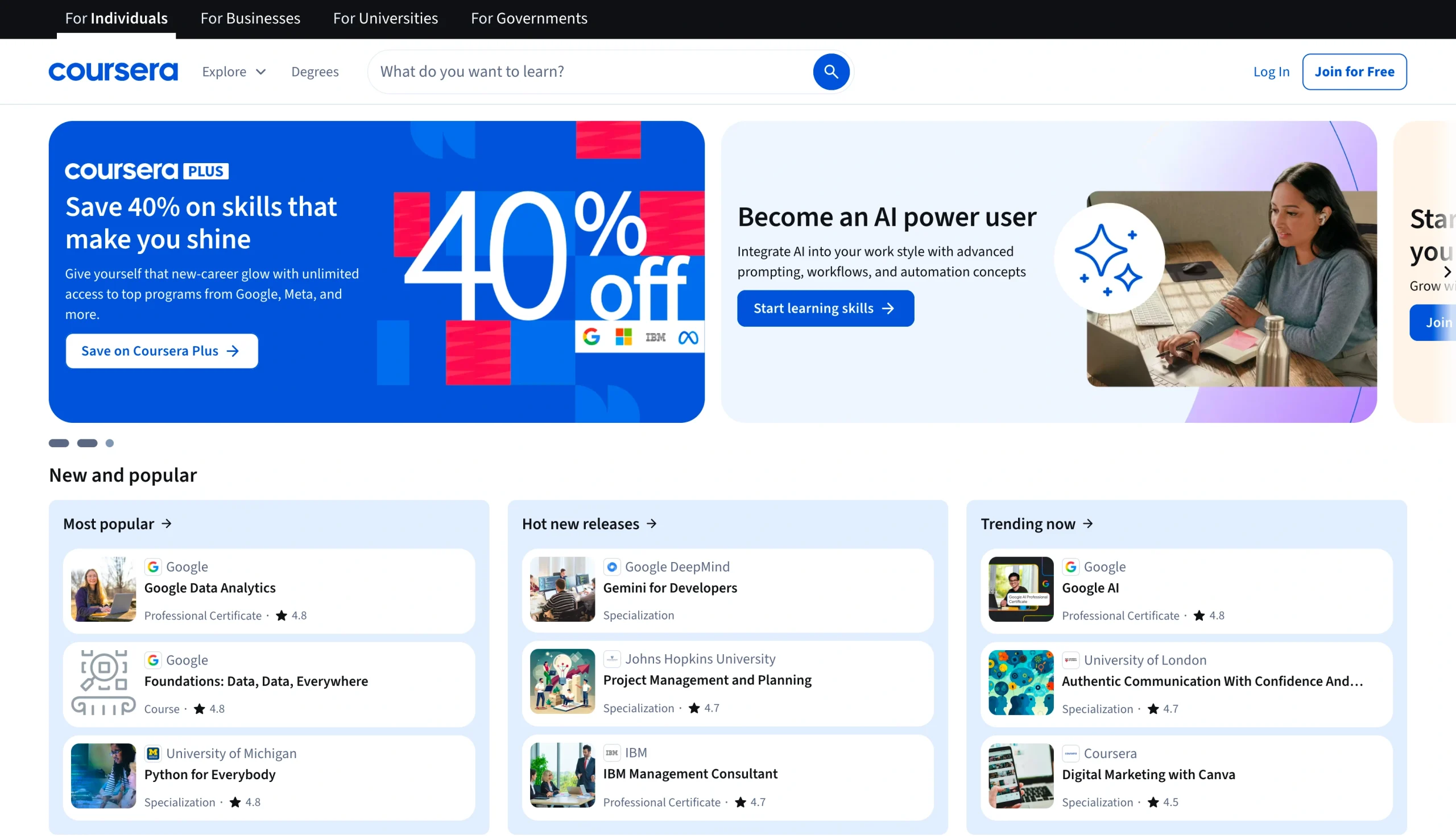 Screenshot of the Coursera landing page
