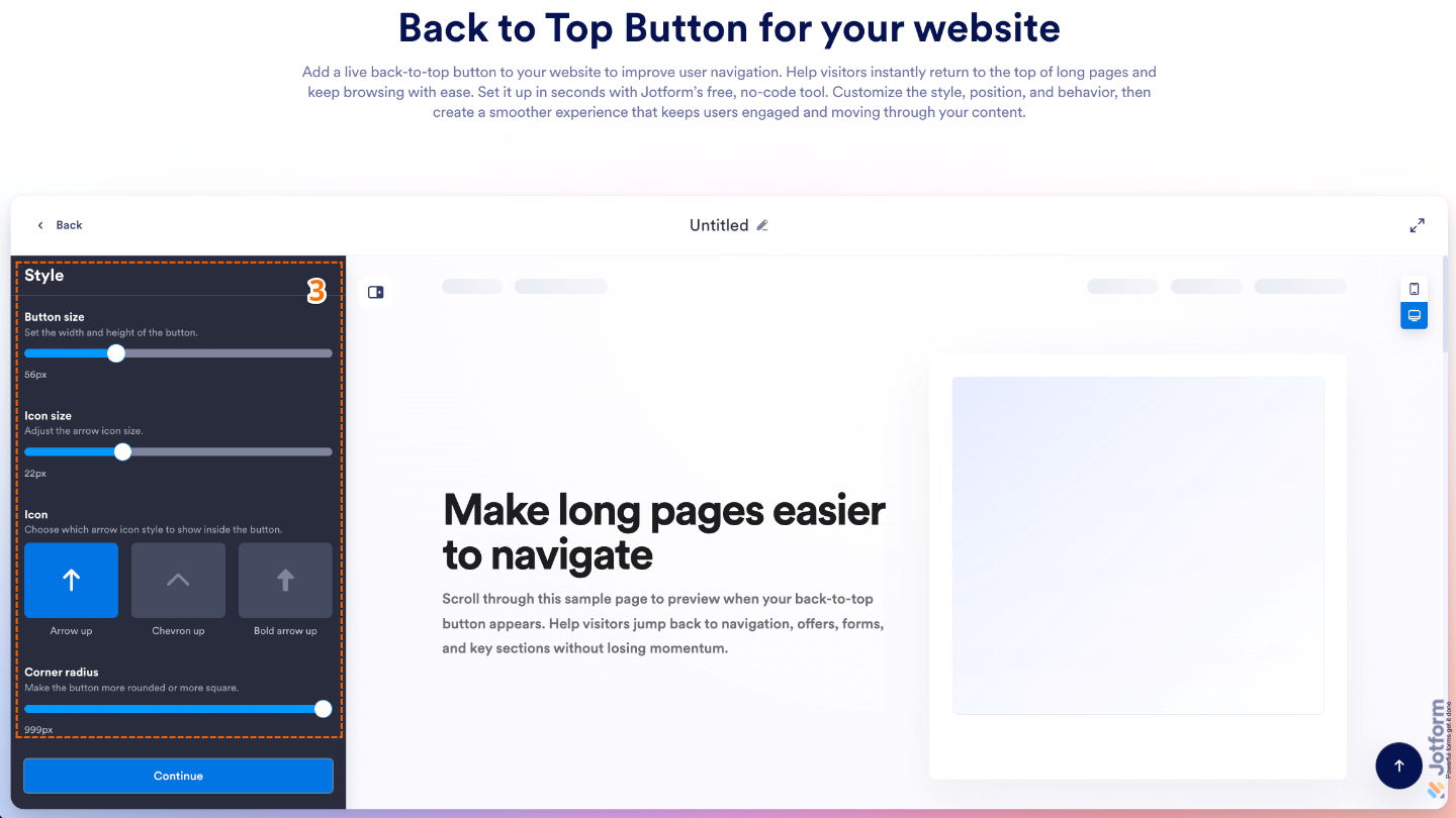 Back to Top Button widget Style settings showing options for button size, icon size, icon selection, and corner radius