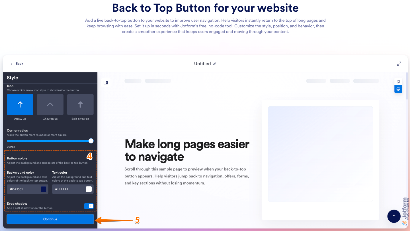 Back to Top Button widget color settings showing options for button color, background color, text color, and drop shadow