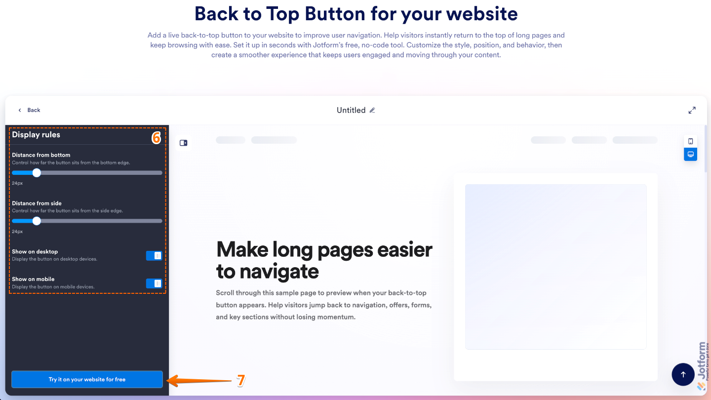Back to Top Button widget Display Rules settings showing options for distance from bottom, side spacing, and visibility on desktop and mobile