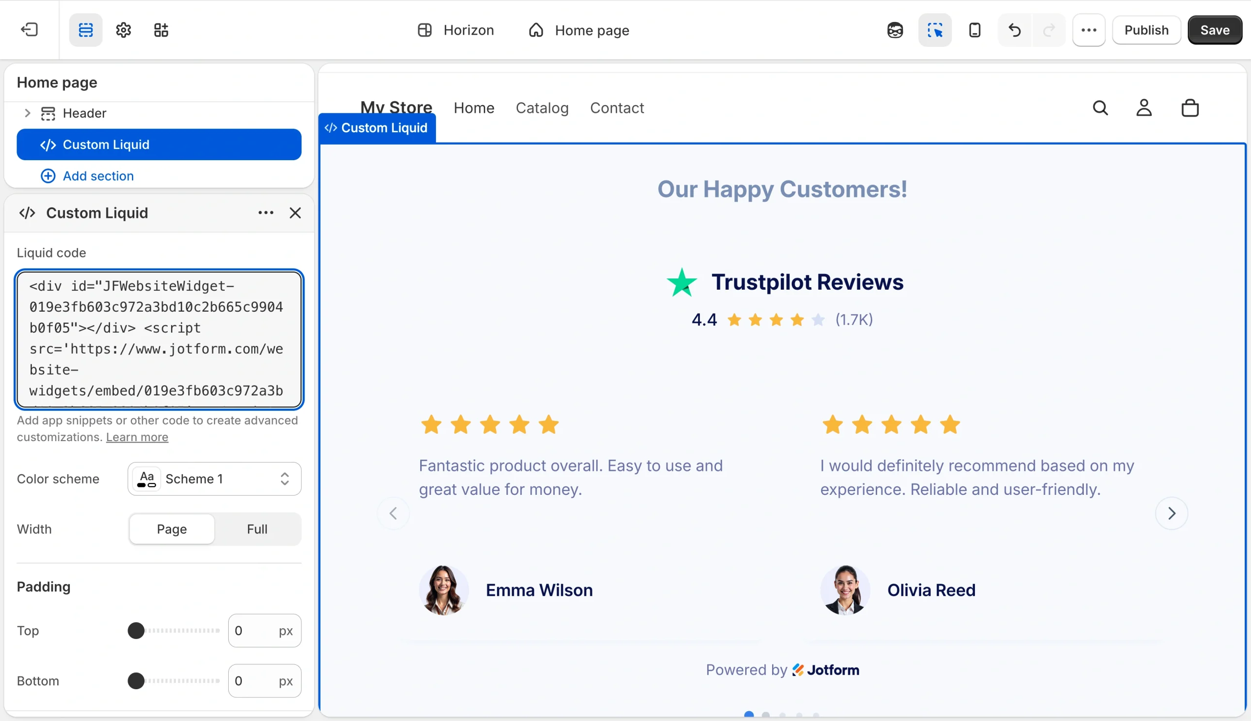 Shopify theme editor with a Custom Liquid block containing the Jotform Trustpilot Reviews embed code