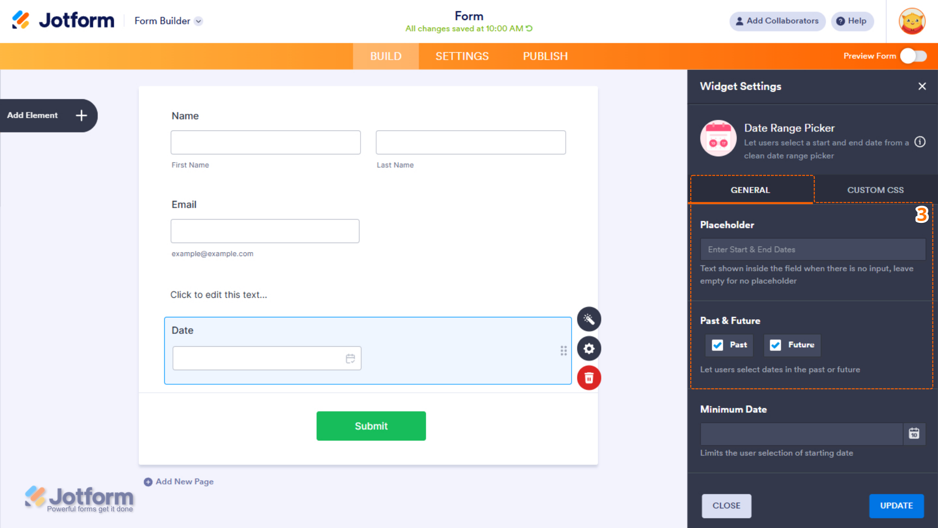 Placeholder, Past & Future options in the General tab of the Date Range Picker