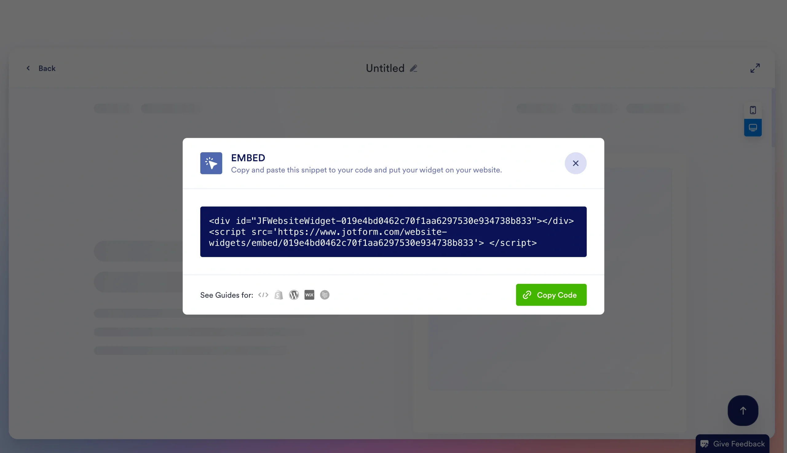 Jotform embed code pop-up with a copy code button