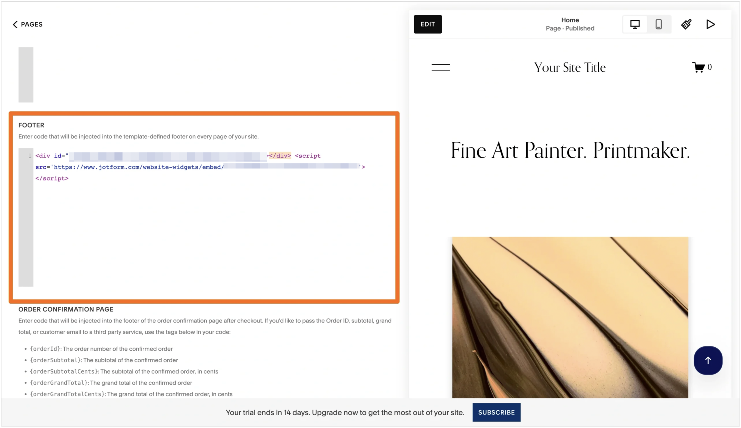 Squarespace custom code injection area with a back-to-top button preview